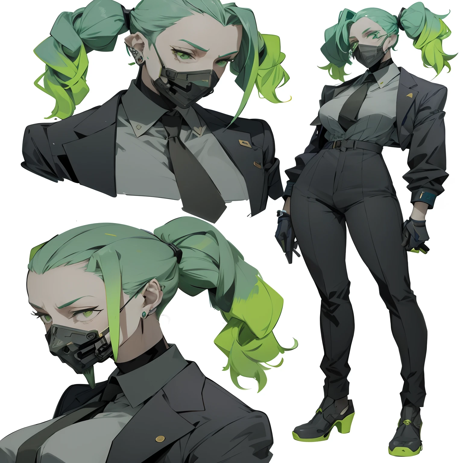 Close-up of a man with green hair and in a suit, official character art, Interesting character design, ( ( character concept art ) ), detailed anime character art, The Art of Character Design, great character design, Valorant character, Cyberpunk character design, anime character design, Lucio as a woman, Character illustrations, anime character art, [ Character design ], Pure concept art