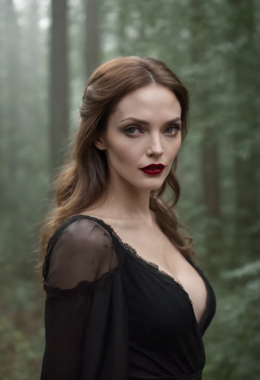 Naked vampire struggles to control her newfound powers, Her fangs and claws appear, when she tries to resist the urge to eat [[Angelina Jolie, Vampire Image, blonde hair]] burgundy lipstick, [[[closed mouth]]], Black Dress, Masterpiece, Highly detailed portrait, In the background is a foggy thicket [[medium plan]]