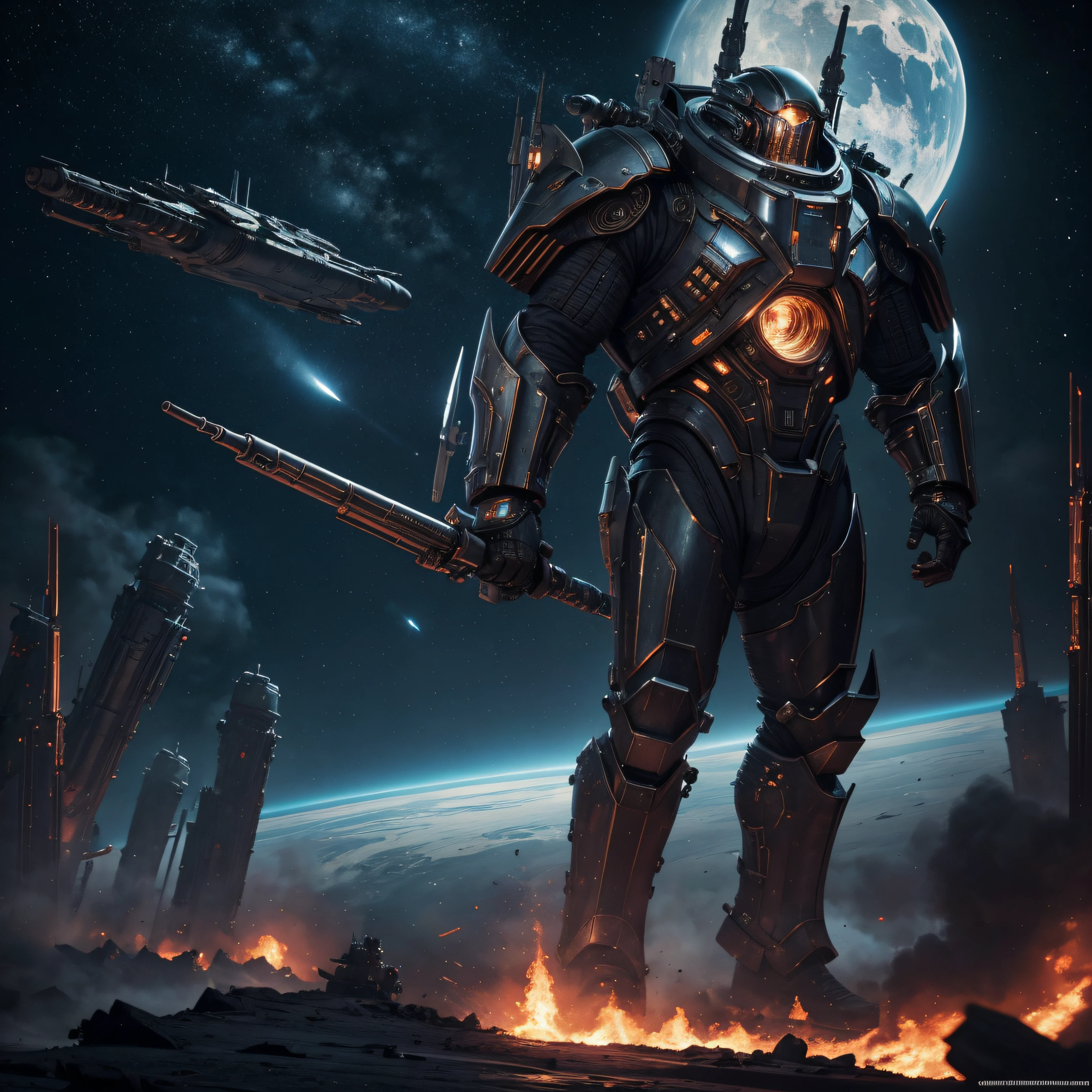 master piece, cgi, 8k, ultra high quality, ultra high resolution, best work, horrors of space background, realistic, large capital class starship in foreground, lots of weapons, heavy armor, large engines, warship