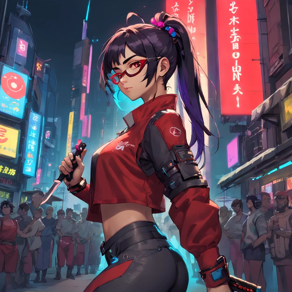 ((piece of master)) ((alta qualidade)) mulher cyberpunk, humana de pele parda-morena mais puxada para preto com cabelo preto encaracolado com liso, mid hair, ((jovem Adulta)), altura de 1,77 metros, nariz um pouco pontudo, half-fleshy lips, bem musculosa no corpo todo, ((pointed jaw)) e seios empinados, Wearing red glasses, beautifully designed hands, (cyberpunk: 1.2), , usando uma blusa cropped, Serious Dress Pants, bochechas de bunda, Super Detalhe, Detalhes altos, alta qualidade, premiados, melhor qualidade, alta resolução, 8k, segurando uma katana com cabo preto e outra uma garrafa de vinho, corpo todo, olhando confiante pra frente, sorrindo meigo, corpo todo, ((anatomicamente correto)), pele texturizada ,morena, suada, noite, Um olhar detalhado,Olhos bonitos,Espalhe e segure as pernas,pernas detalhadas,Hachimaki,Holding the sword with both hands, coxas grossa torneadas, bunda grande Perfeita, (alta qualidade), (realismo), belas sombras, volumeric lighting, espalhamento subsuperficial, good proportions, tom de pele escuro, ombros nus, flowers and petals, aprimoramento de detalhes, sardas no rosto, fierce expression, medieval, best anatomy