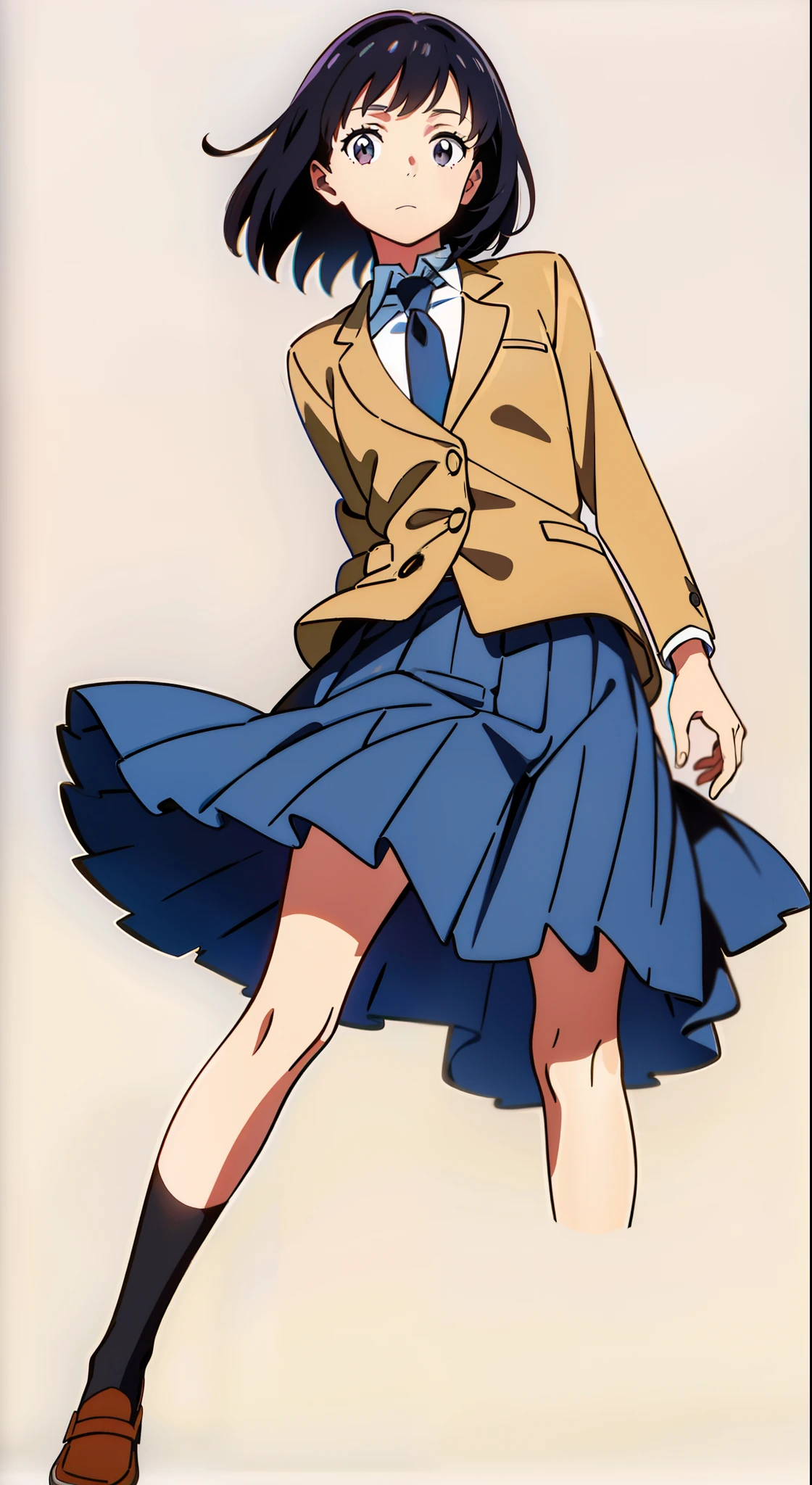 (wind:1.2), (white background:1.1), (best quality:1.1), (masterpiece:1.1), (full body:1.0), (solo:1.0), (a 18yo cute girl:1.0), (long skirt:0.9), (dark blue skirt:1.0), (pleated skirt:1.0), (school uniform beige blazer:1.0), (dark blue necktie:1.0), (black socks:1.0), (loafers:1.0), (lanky:1.1), (tall:1.1), (slender:1.1), (small breasts:1.1), (detailed beautiful eyes:1.0), (detailed beautiful face:1.0), (glowing black eyes:1.0), (short hair:1.0), (strait hair:1.0), (black hair:1.0)