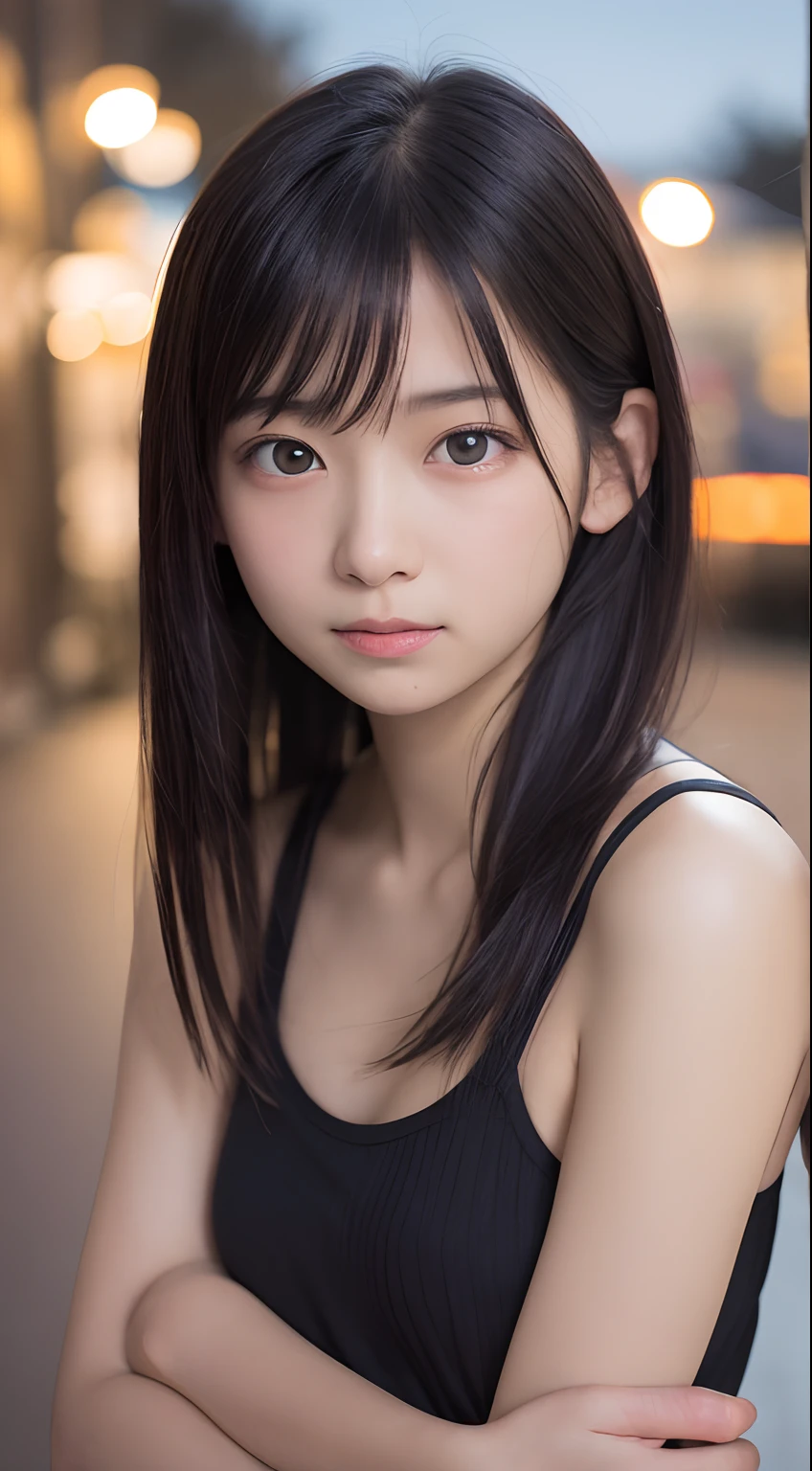 masutepiece, Best Quality, 8K, 8years old, Teen, Raw photo, absurderes, award winning portrait, Smile, Solo, (Night:1.8), Idol face, Delicate girl, Upper body, Digital SLR, Looking at Viewer, Candid, Sophisticated,Thin arms, Professional Lighting, Film grain, chromatic abberation, (Eyes and faces with detailed:1.0), (Bokeh:1.1) , (Princess:1.1) , closes mouth , A dark-haired , drooing eyes