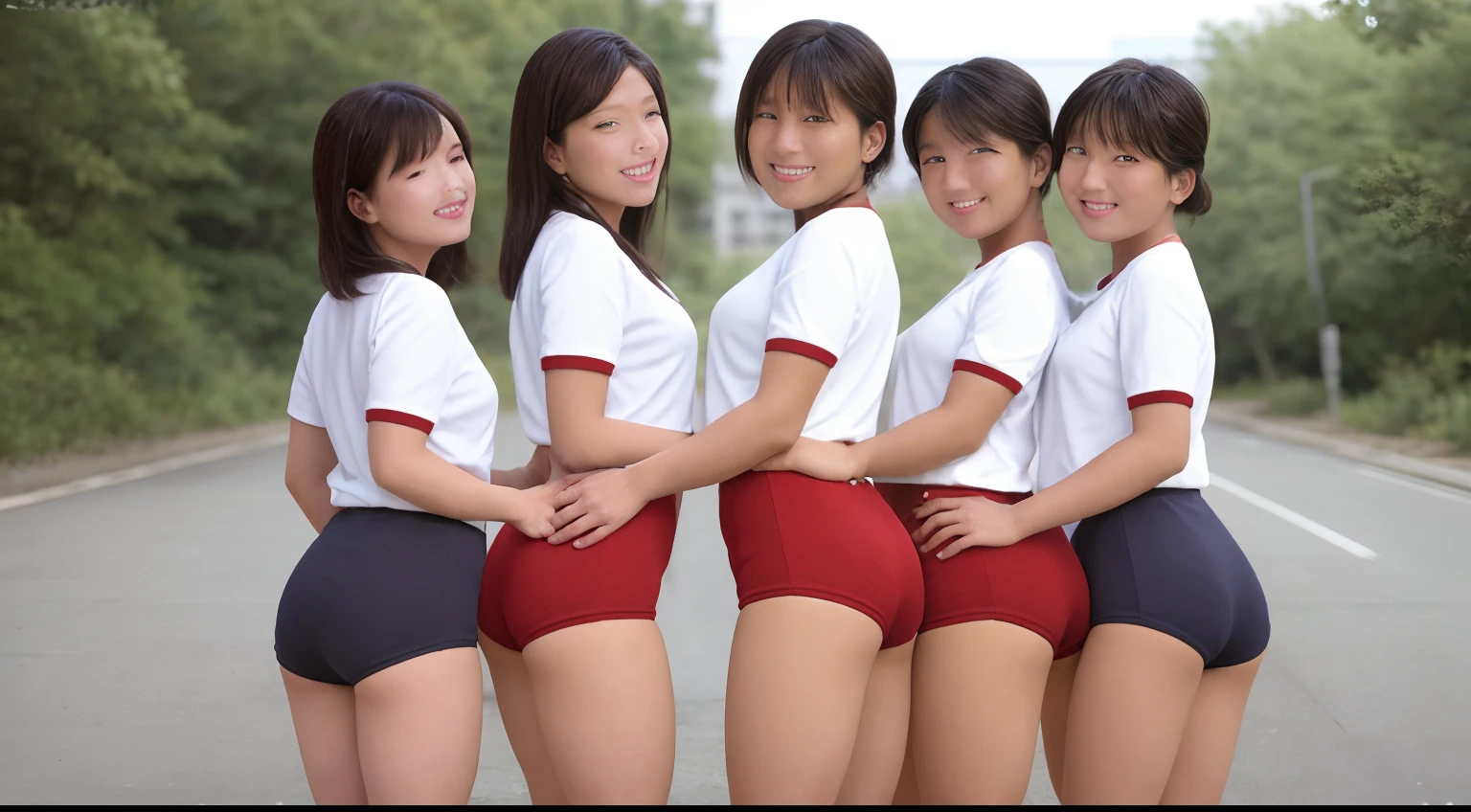 best quality, masterpiece, automobile, police, city, road, black hair, 18 years old pretty four girls, dark blue bloomers, green bloomers, white gym clothes, ass through bloomers, smile, white skin, all four are good friends, flirting, laughing, shy, homosexual,