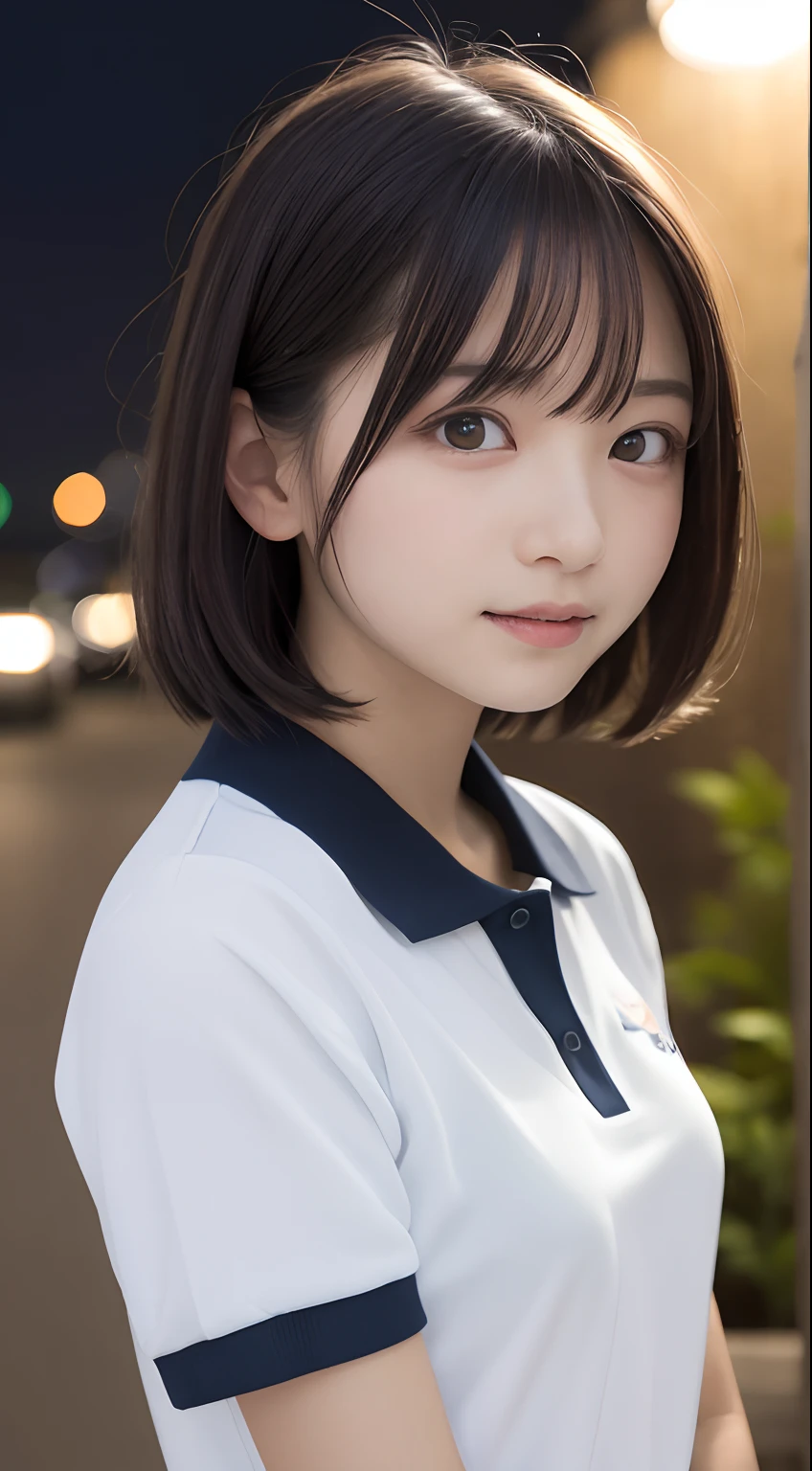 masutepiece, Best Quality, 8K, 8ars old, Teen, Raw photo, absurderes, award winning portrait, Smile, Solo, (Night:1.8), Idol face, Delicate girl, Upper body, Digital SLR, Looking at Viewer, Candid, Sophisticated,Thin arms, Professional Lighting, Film grain, chromatic abberation, (Eyes and faces with detailed:1.0), (Bokeh:1.1) , (polo shirts:1.1) , closes mouth , A dark-haired , drooing eyes , Average-sized breasts