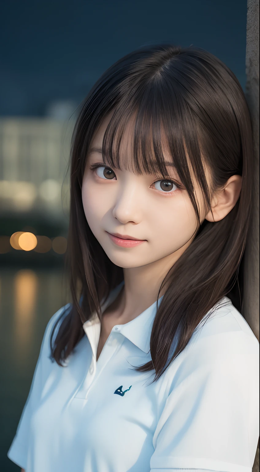 masutepiece, Best Quality, 8K, 8years old, Teen, Raw photo, absurderes, award winning portrait, Smile, Solo, (Night:1.8), Idol face, Delicate girl, Upper body, Digital SLR, Looking at Viewer, Candid, Sophisticated,Thin arms, Professional Lighting, Film grain, chromatic abberation, (Eyes and faces with detailed:1.0), (Bokeh:1.1) , (polo shirts:1.1) , closes mouth , A dark-haired , drooing eyes , Average-sized breasts