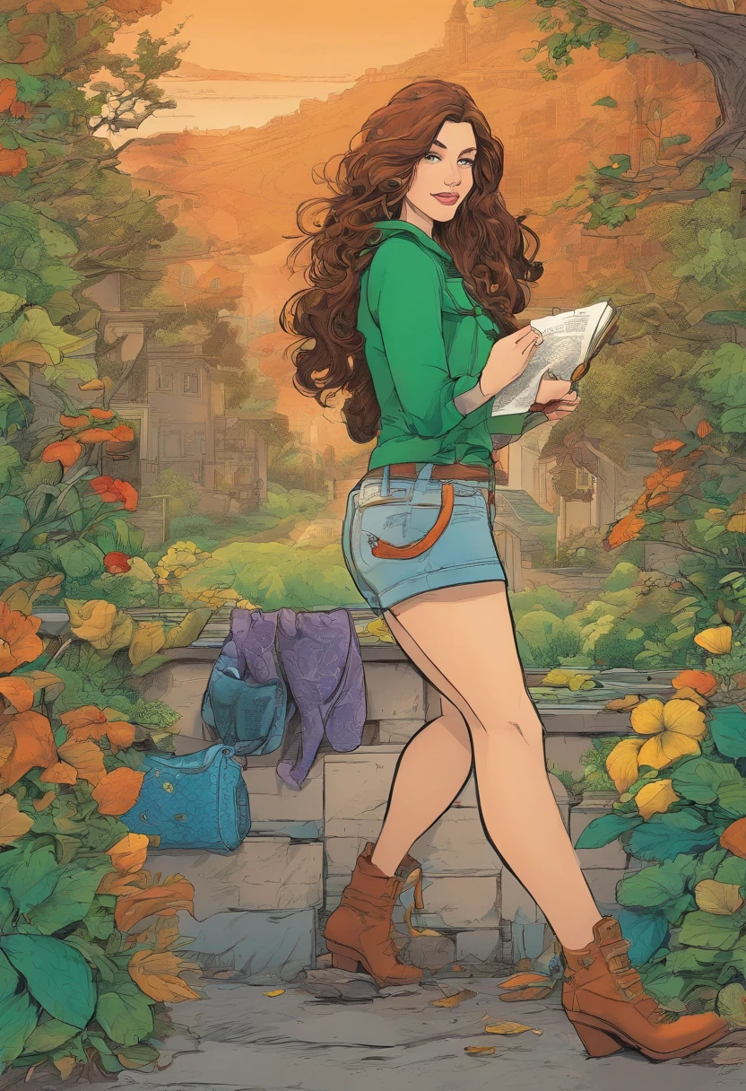 (( anatomicamente correto, boa qualidade, obra prima )), Young white woman with brown hair looking into the camera, estilo arte capa de quadrinhos, cabelos compridos, roupas casuais, olhos castanhos, denim trousers Female with long dark brown hair green eyes as a mcu comic book character with green powders