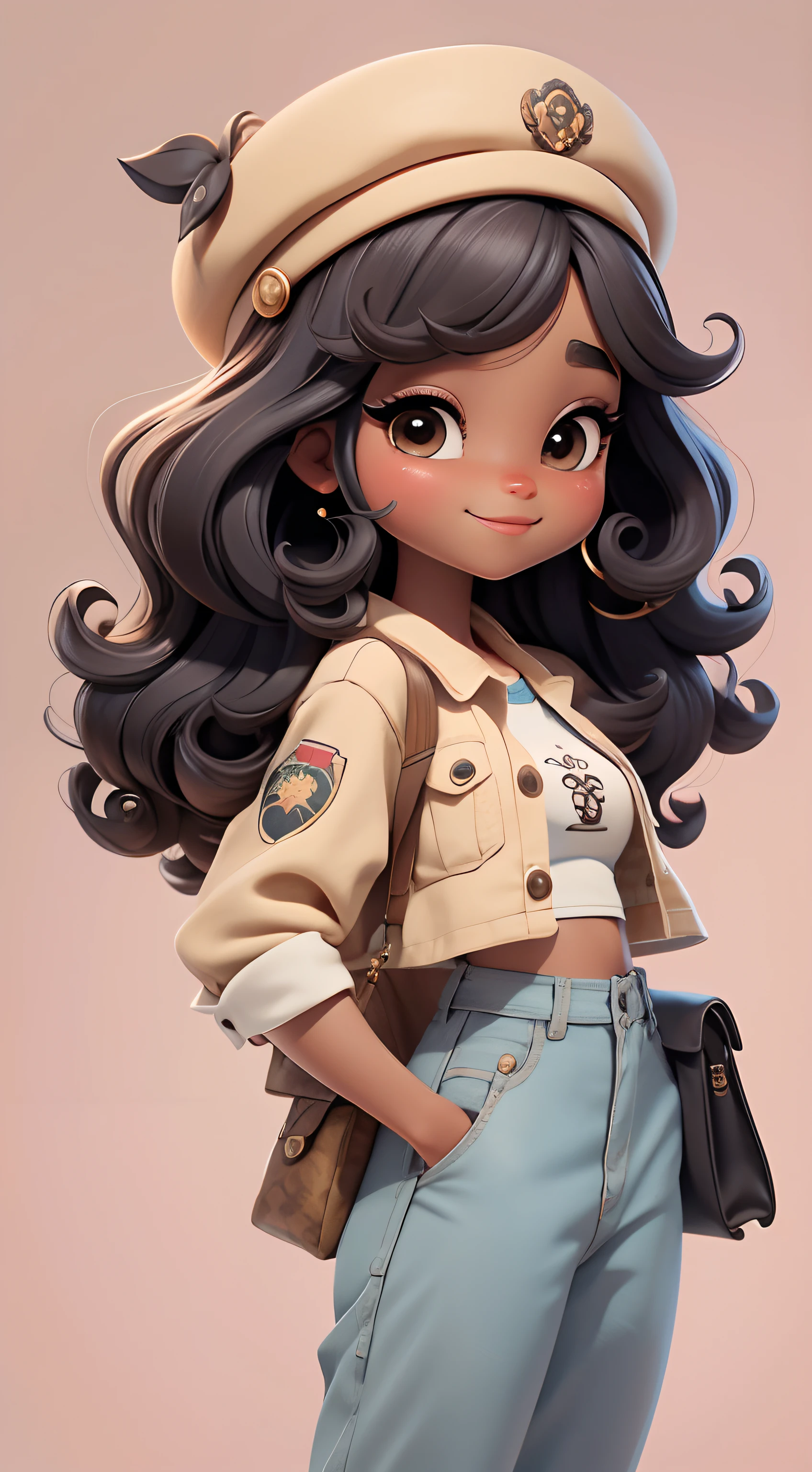 Create a series of cute afro chibi style dolls with a cute safari theme, each with lots of detail and in an 8K resolution. All dolls should follow the same solid background pattern and be complete in the image, mostrando o (corpo inteiro, incluindo as pernas: 1.5)

Boneca Mini Safari: Chame-a de Marina. Ela deve ter cabelo pequeno em tom preto marrom. Seus olhos devem ser grandes e expressivos, with long eyelashes and rosy cheeks. Sorriso delicado e branco.  Camiseta, pants and an ornate safari hat. Certifique-se de adicionar detalhes nas roupas escreva Mariane, such as buttons and pockets, sapato bonito

Certifique-se de adicionar sombras, texturas e detalhes nos cabelos, roupas, Safari utensils, to make them even more adorable and charming.