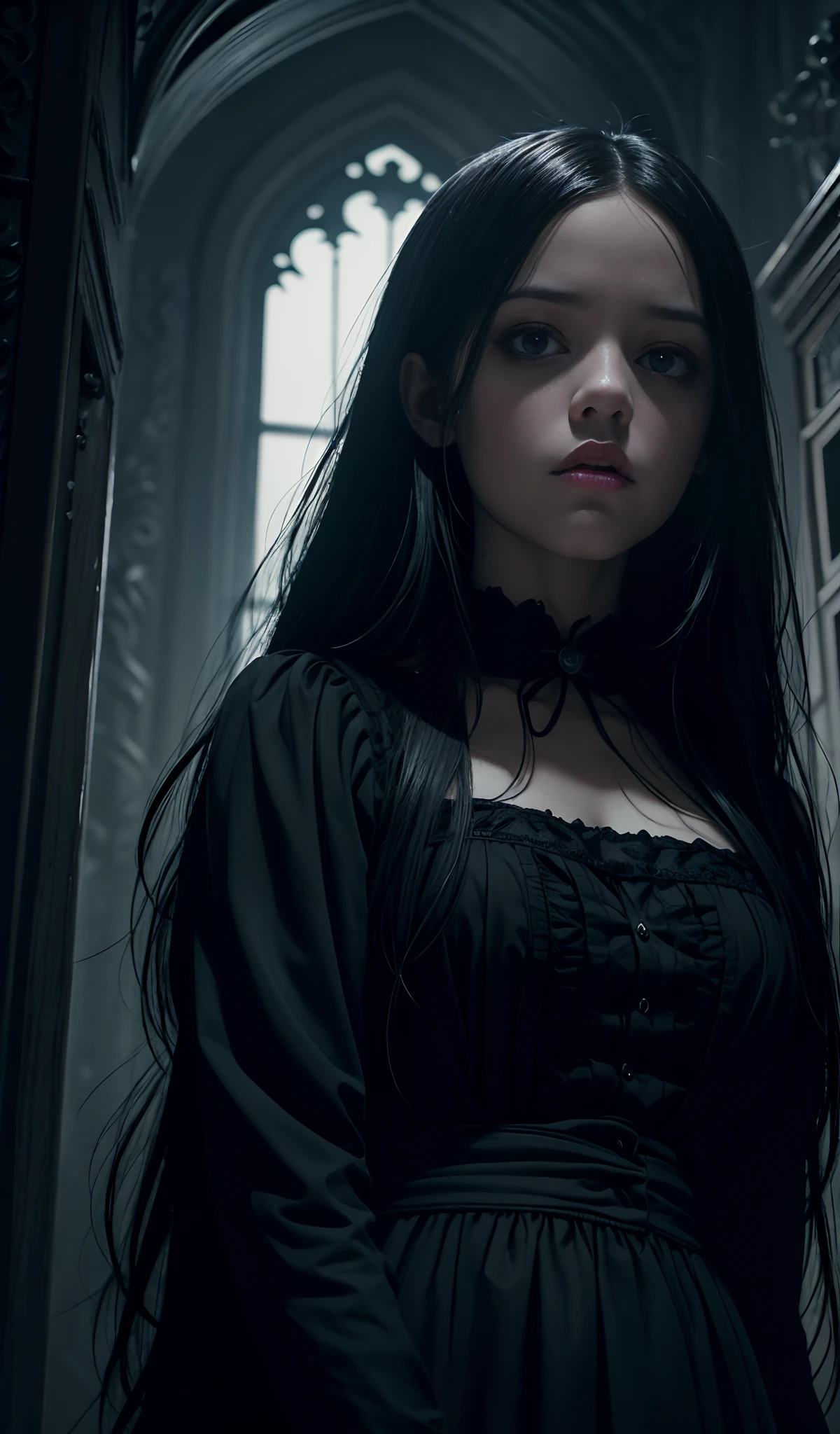 Jenna Ortega as Wednesday Addams,best quality,ultra-detailed,realistic:1.37,horror,gothic atmosphere,spooky background,dark and mysterious lighting,black and white color palette,creepy shadows,haunting expression,sharp focus,vivid eyes,detailed lips,beautiful hair,Victorian clothing,poses in a gloomy mansion,occult symbols,sinister ambiance,macabre vibes,ominous aura,classic horror protagonist,intriguing storyline,spooky atmosphere.