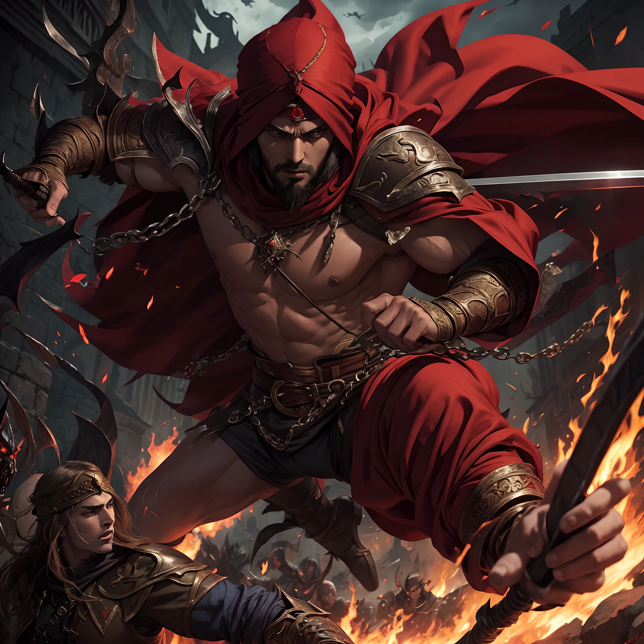 Castlevania Comic Page Lord of Shadows Red Turban in Battle with Scary Demons Super Realistic Super Detailed Super Realistic Super Realistic Super Realistic Super Realistic Super Realistic Moroccan Islamic Body Super Realistic Super Detailed Super Detailed Correct Anatomy Super Detailed Super Detailed Proportions Super Detailed Faces