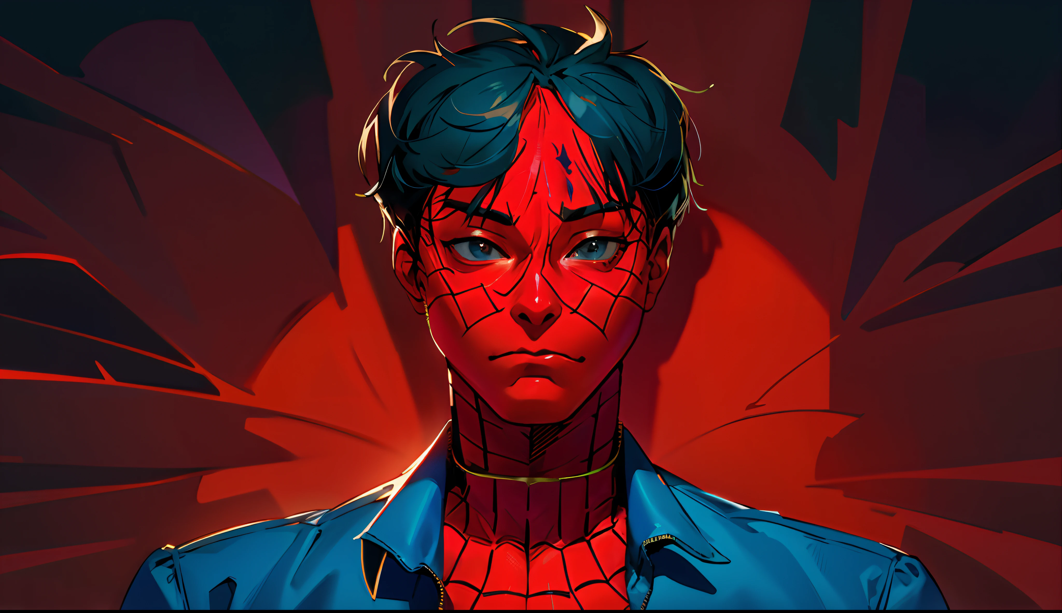 asian spiderman,not wearing mask, wearing denim jacket