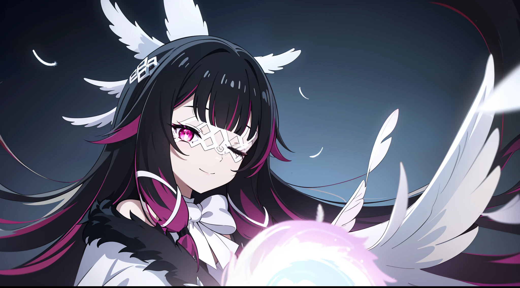 2D, HD, top-quality, ultra-detailed, Highly detailed, masterpiece, best quality, solo,1girl, long hair, black hair, red hair, solo, closed eyes, eye_mask, head wings, hair ornament, blunt bangs, light blue spotlight shining down, feathers, dark, falling feathers, evil, mysterious, black background, wind, smiling, top down view, wide bright neon pink eyes, looking at viewer, insane expression, crazy, glowing eyes, eyes as focus of image, multicoloured eyes, small breast, full body,  over the shoulder pose