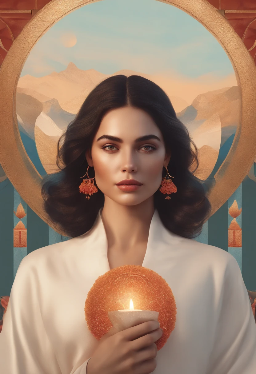 An image that represents a 21-day online journey of self-knowledge and self-healing, with a minimalist style and a light color palette, with a woman as the main character and some colors to add contrast and interest
