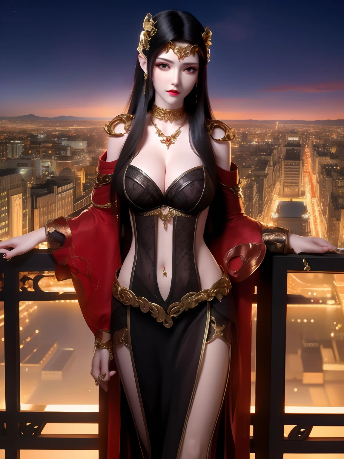 1girl,jewelry,long hair, hair ornament, necklace, cutout,navel,cleavage, dress, forehead jewel, pants, mature female, cityscape, night, looking at viewer, full body