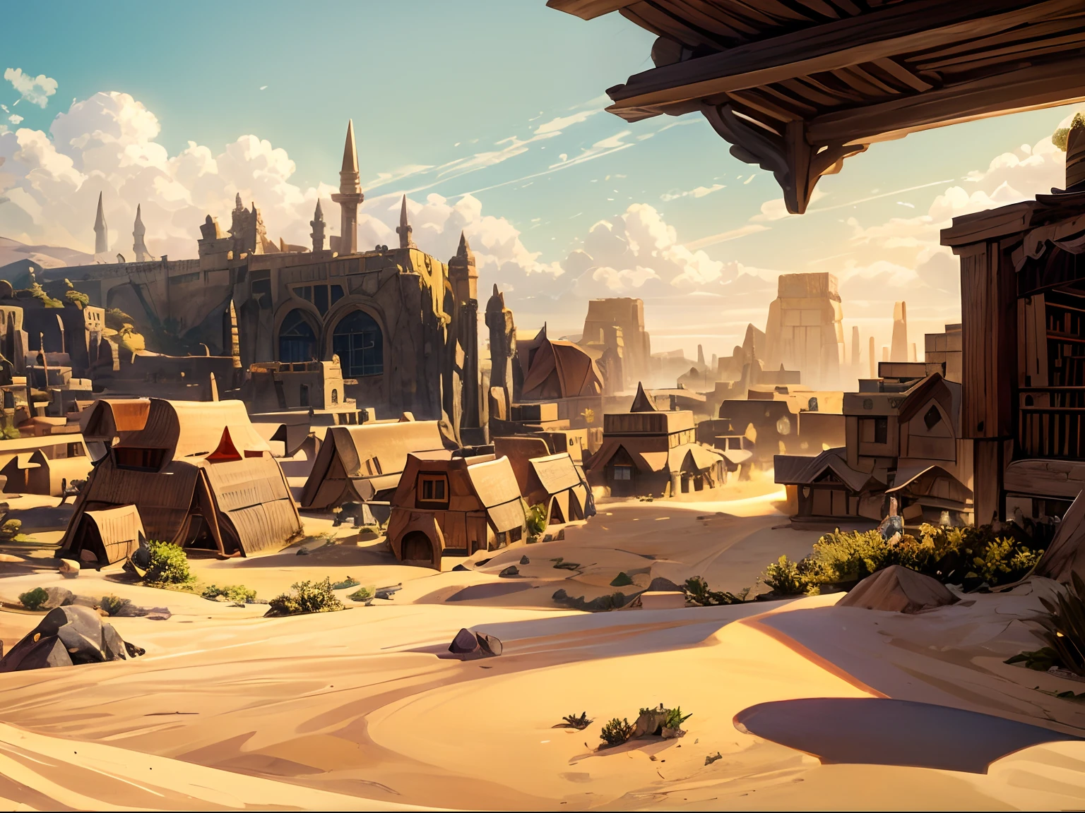 Unreal, (village), (town), A peaceful town of earth crystals in the desert, A colossal fang im the middle of the town, (hobbit architecture), yellow hue, sky with bright sunlight and sand storm.