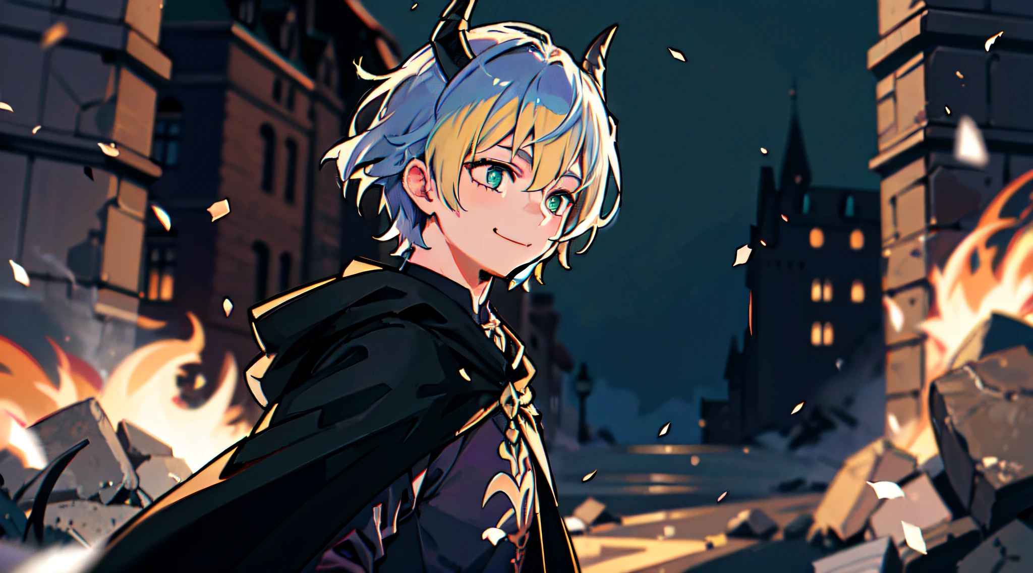 top-quality、​masterpiece、Boy with short purple hair、Green eyes、demonic horns、A smile、Harry Potter's black-robed outfit、Magic Battle Pose、Thumbnail image、The background is solid blue.