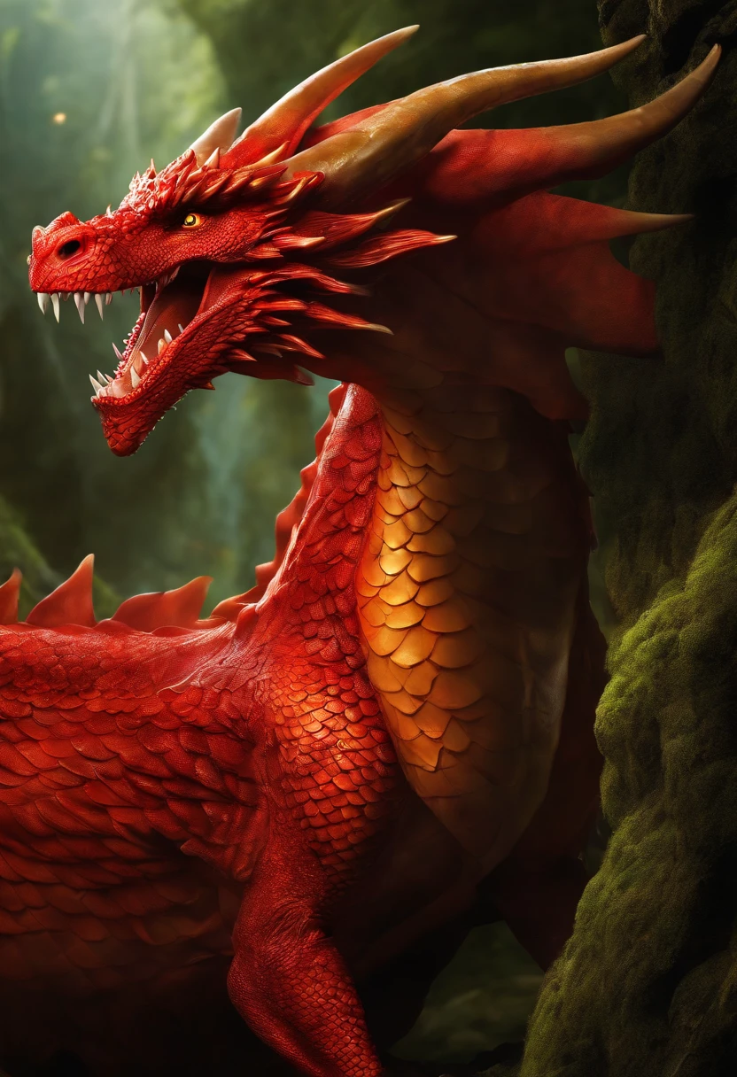Sayd is a towering red dragon with gleaming scales and golden eyes. Su cuerpo musculoso y poderoso es capaz de volar majestuosamente en los cielos. Sus afiladas garras y colmillos son una muestra de su ferocidad y su aliento de fuego puede incinerar cualquier cosa a su paso, HD, Underground Cave, 20k.