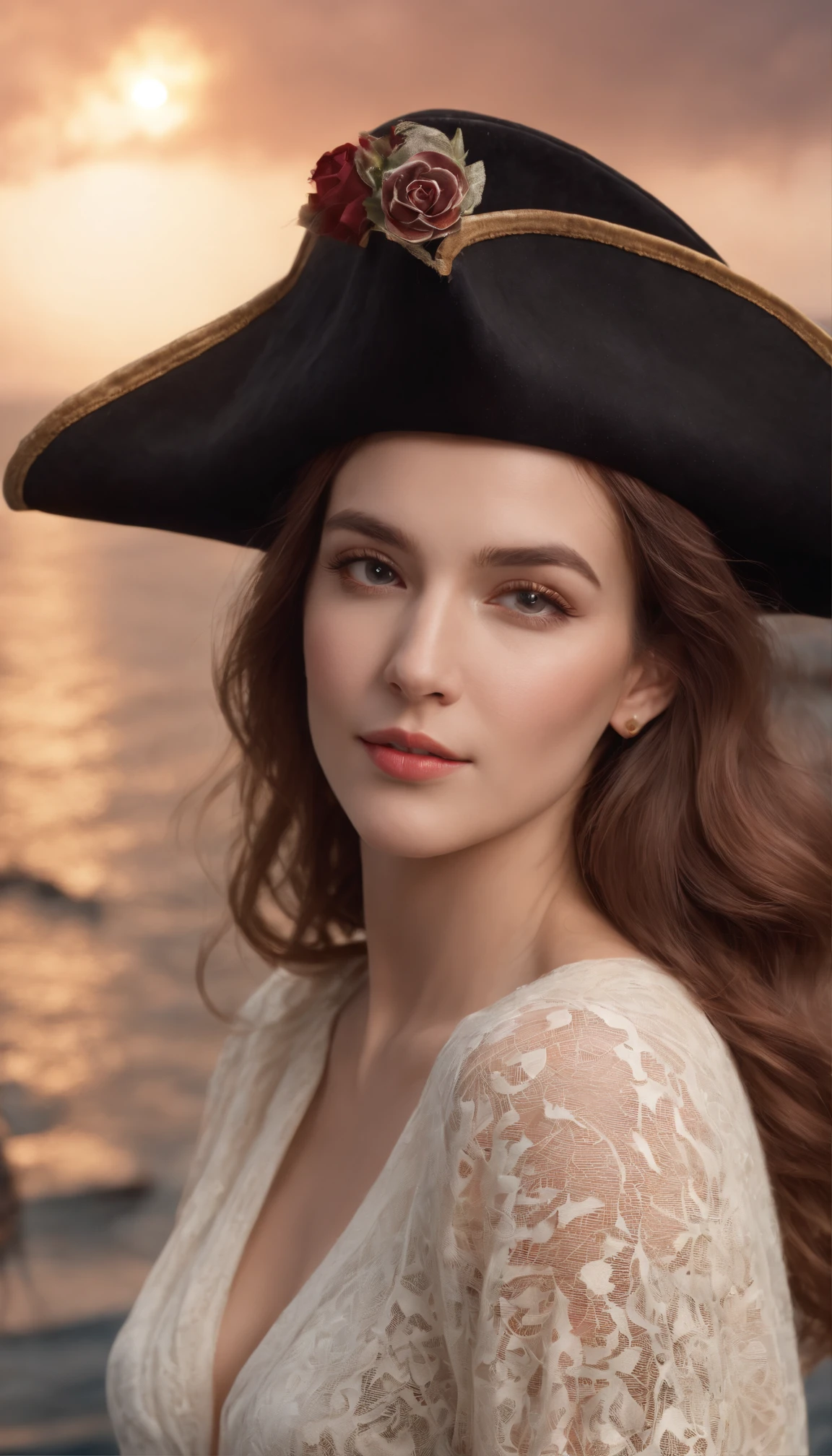 (8k, Best Quality, Masterpiece: 1.2), Photorealism, A realistic charming female head with hair flying in the wind, white sweater,Real photo, (((black tricorn hat))), (love rose logo)) , (On a pirate ship: 1.50), eyes, (((night))), dim lights, 21th century clothing, cover, ultra-detailed painting, dim lights, flames of war, detailed patterns, dark makeup, earrings, treasure, driving ship, firelight, complex, cheerful, hearty smile, 8k resolution, gemstone necklace, tattoo, musket, parrot, on a moving ship, mast, fractal isometric detail, realistic face, realistic color scheme, rum wine,parrot,davinci,.12k,complex,movie,real life people,shadow studio,rim light,dim light,low key,cinematic,super detailed,crazy detail,beautiful color grading,unreal engine, DOF, super-resolution, megapixels, cinematic lightning, anti-aliasing, FKAA, TXAA, RTX, SSAO, post-processing