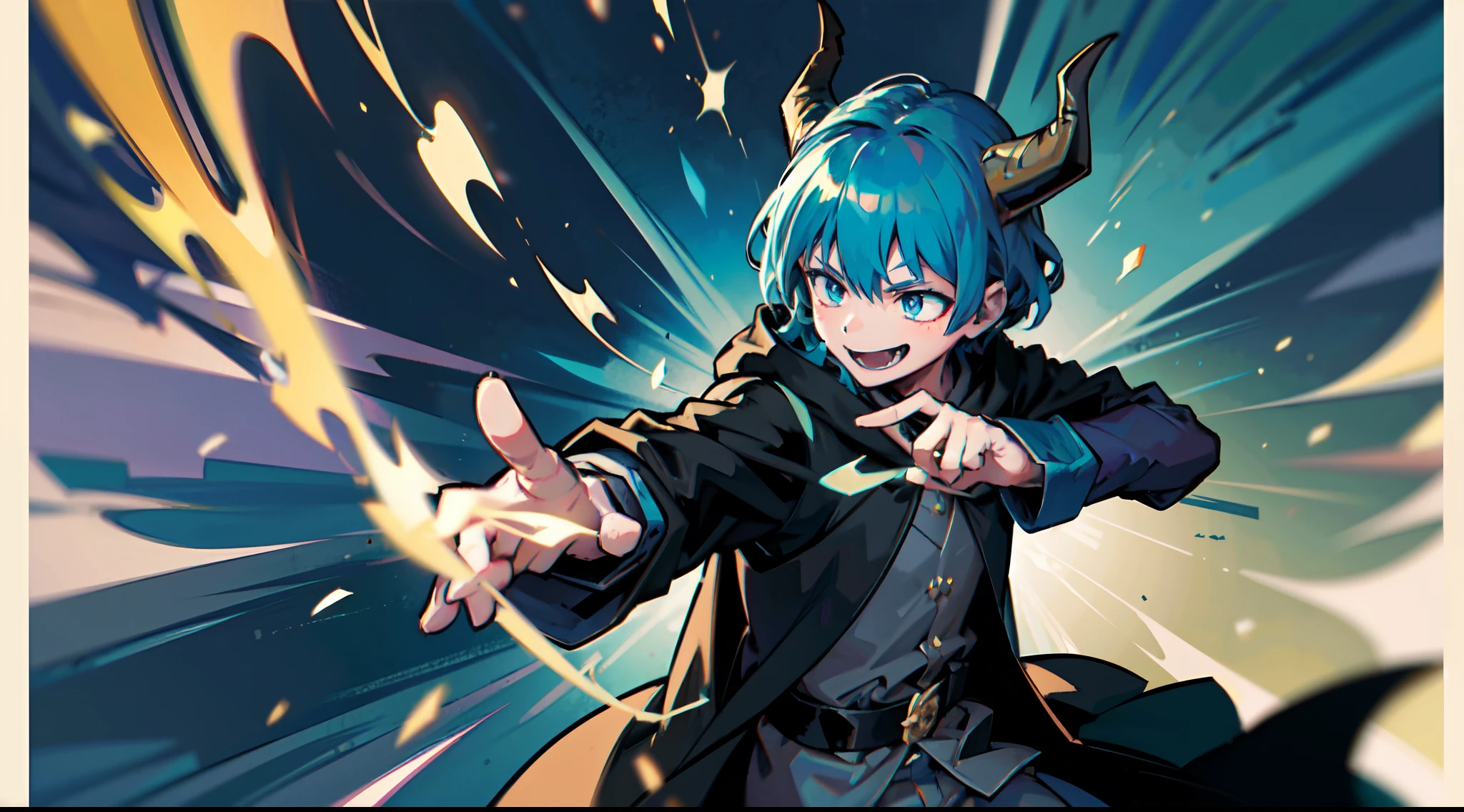 top-quality、​masterpiece、Boy with short purple hair、Green eyes、demonic horns、A smile、Harry Potter's black-robed outfit、Magic Battle Pose、Thumbnail image、The background is solid blue.