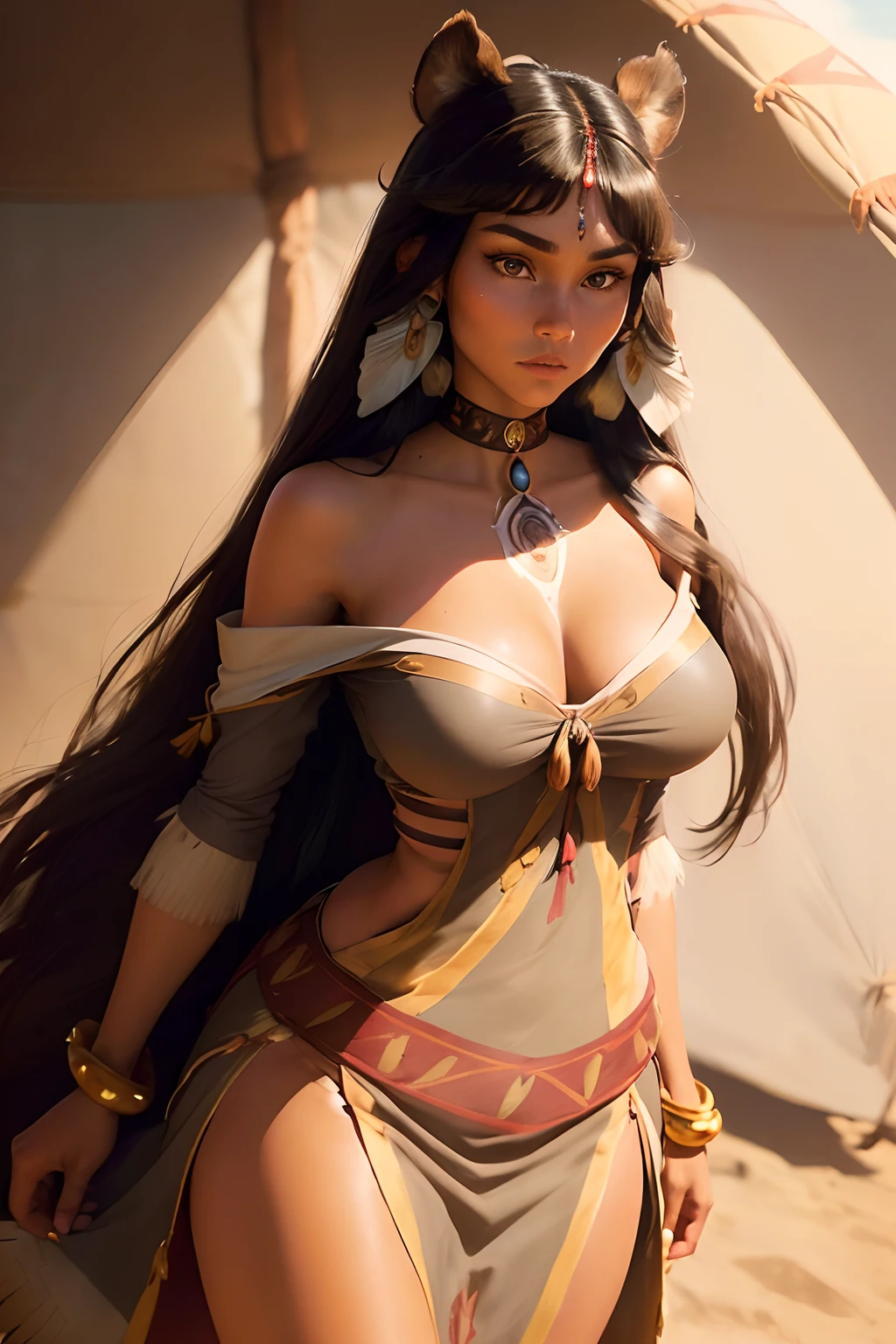 ((Princess pocahontas, from disney pocahontas animated movie series)) ((beautiful face)) (tanned skin) ((very long straight darkhair)) ((very huge breasts)) (perfect slim body) ((wears short one sleeve nitive american brown dress)) ((choker, brazalet)) ((posing sexy inside native american tipis)) (high definition, dynamic lights and shadows) ((masterpiece)) (8k) (perfect face) (best quality) (perfect hands)