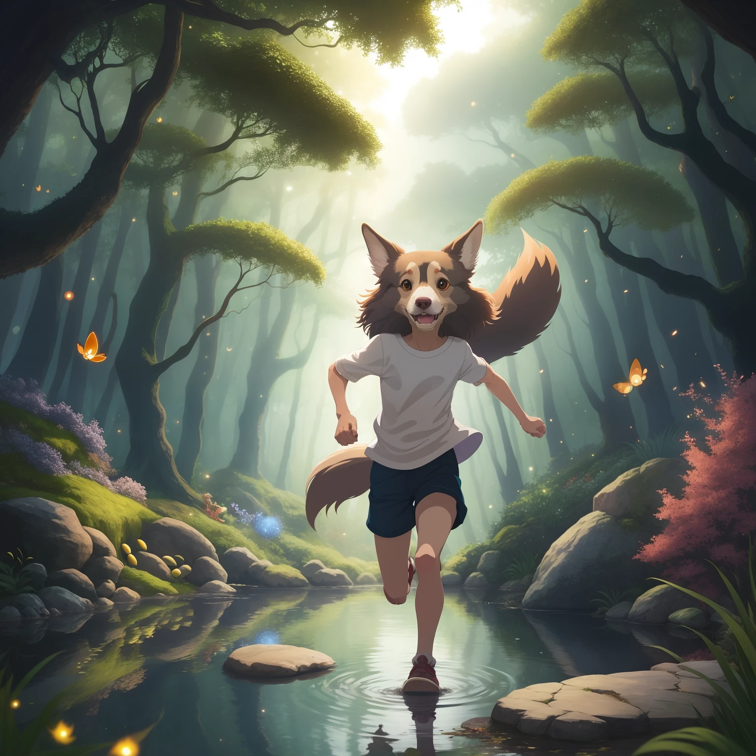 A Studio Ghibli inspired movie poster with the title “Bean” A female taupe and white long haired border collie with pointed ears, running through an enchanted forest with pond, fireflies, and small waterfall. The scene should be in the distinct Studio Ghibli art style with the focus of character expression vibrant colors and detailed textures that are characteristics of their animations