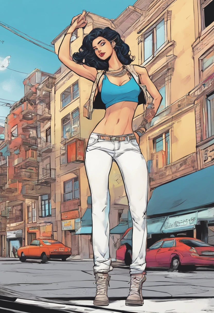 Sexy Frau, DUNKLES Haar, white crop top, Spaltung, Bluejeans, on the street, on all fours