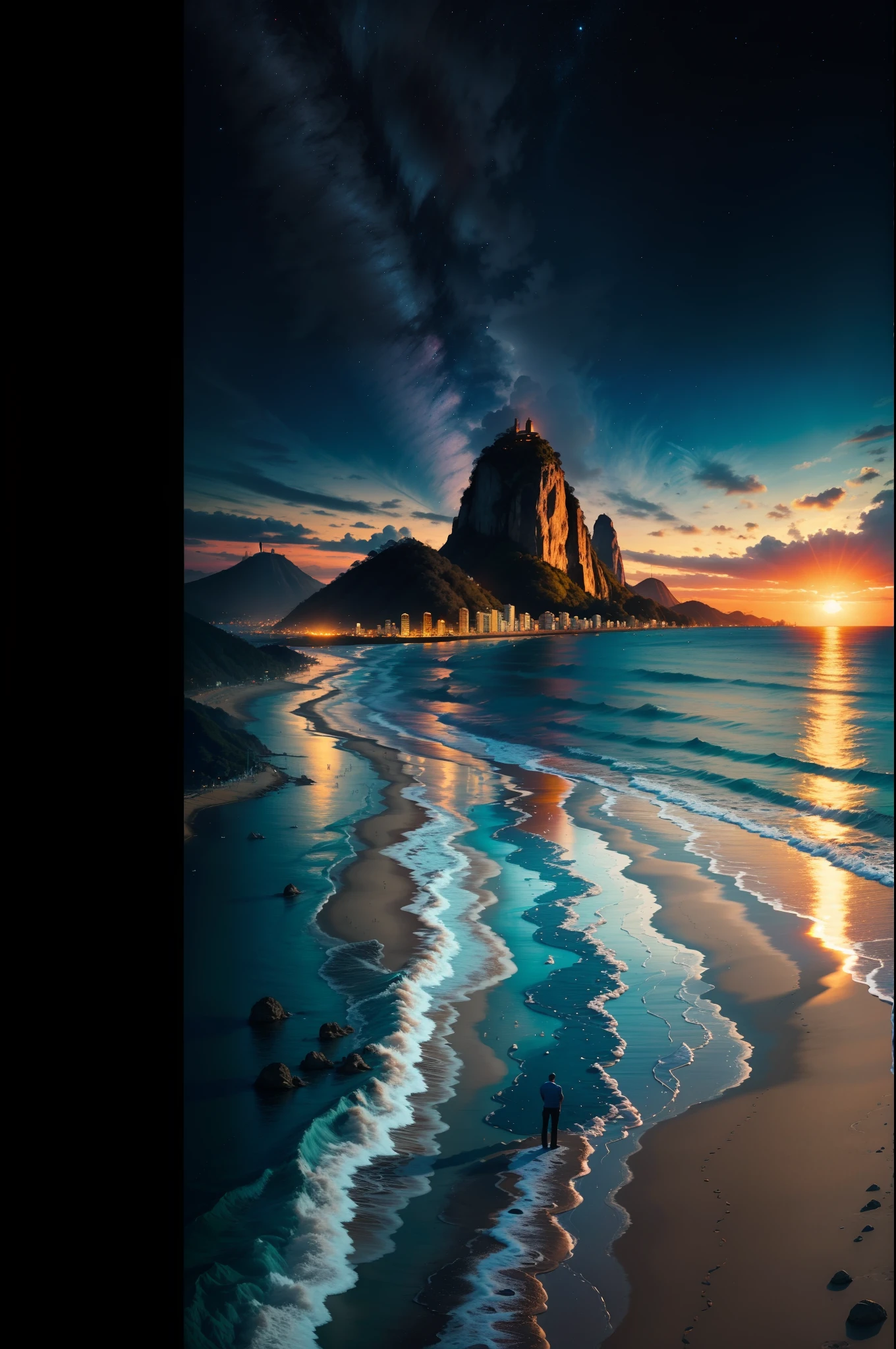 Generate an image according to the description
1. Fundo:
- The setting now features the iconic view of Sugarloaf Mountain and Copacabana Beach at dusk, com a cidade do Rio de Janeiro iluminada por uma mistura de luzes de tons quentes e frios, criando uma atmosfera deslumbrante.
2. Personagens:
- Thomas and Peter are positioned in the foreground of the image. They are standing in front of the Copacabana boardwalk, com o mar ao fundo. The emotional distance between them is evident.
3. Connection Line:
- The subtle broken line between Thomas and Peter represents the complex bond between the two, with fragments of memories and confusions along it.
4. Paleta de Cores:
- Cores vibrantes e tropicais, like deep blue of the ocean and hot red of the river sunset, refletem o ambiente deslumbrante da cidade.
5. title:
- The title "Meu Lar" It is highlighted in an elegant calligraphic font, with the letters in shades of blue and red to blend perfectly with the scenery of Rio de Janeiro.
6. Autor:
- Below the title, The author's name is displayed in a smaller font, complementando a imagem geral.
This adaptation creates an image that captures the magic and beauty of Rio de Janeiro, while highlighting the complexity of the characters' backstory.