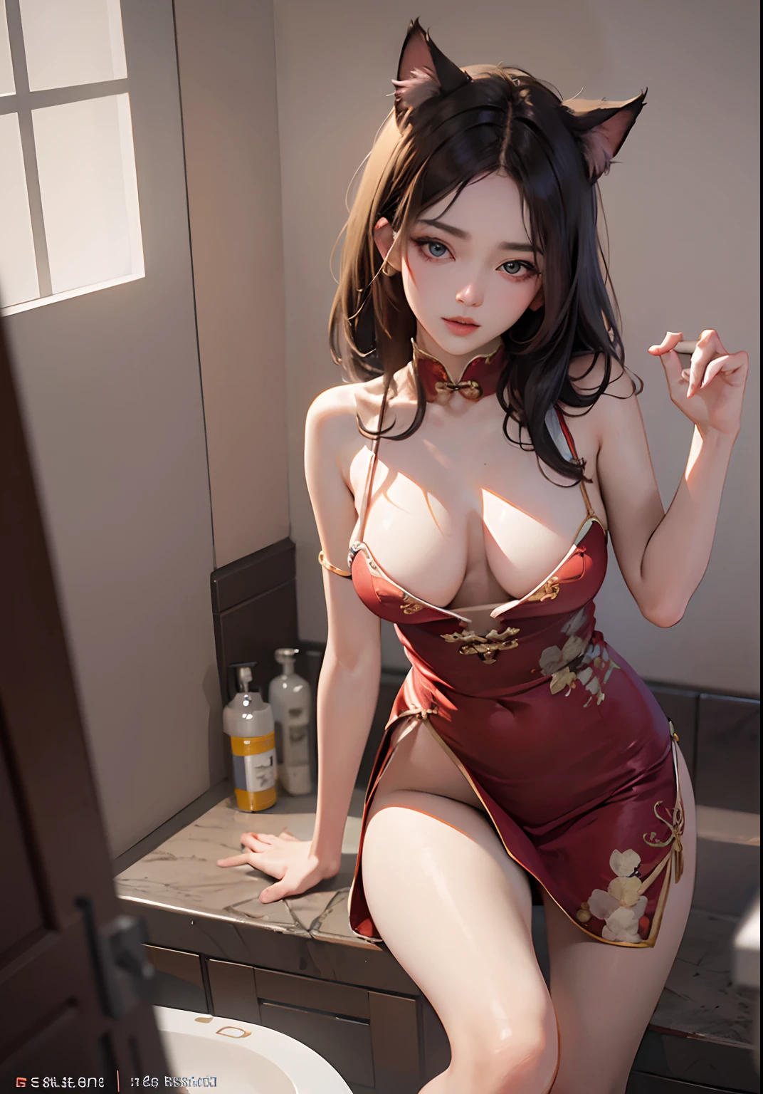 wearing (red Chinese dress), sexy pose from left side, cat ears, portrait, beautiful face, pretty eyes, outside, portrait, bathroom, bathup, teeth, eyes open, award winning photo, best quality, upper body, Hannahowo, windblown black hair,big breast,experssion,sexy girl,by lee jeffries nikon d850 film stock photograph 4 kodak 400 camera f1.6 lens rich colors hyper realistic lifelike texture natural lighting unreal engine trending on artstation cinestill 800, (100mm lens), sensual face