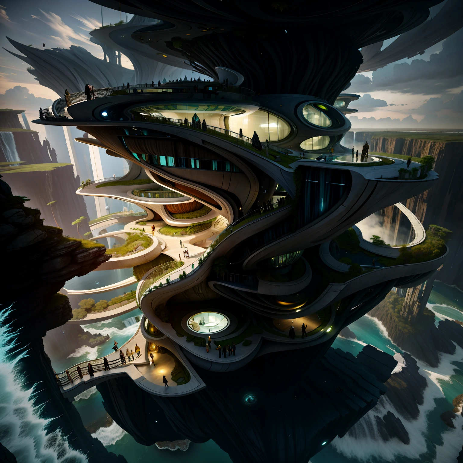 Airbrush drawing --v 5.1 style Futuristic design of an awesome sunny day environment concept art on a futuristic terrain with huge waterfalls,streams, mangroves,nature architecture, proportional,detailed,bright clouds, nature meets futuristic architecture by Santiago Calatrava and Vincent Callebaut with futuristic development, high rise made up staircases, balconies, full of composite glass facades, residential spaces carved from cliff side ,trending on artstation, beautiful lighting,In the style , fantasy, intricate, award winning, 4k, highest quality