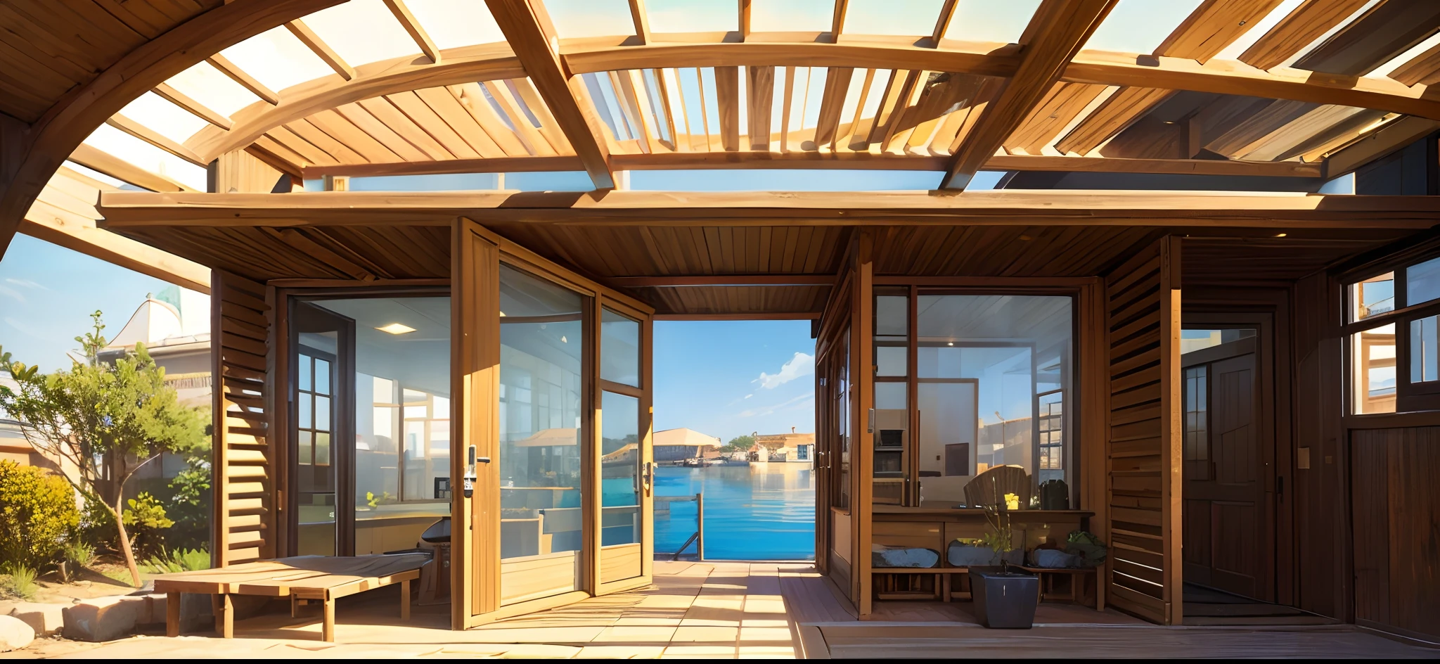 Egyptian traditional architecture, sustainable architecture, Small chalet, Fayoum in Egypt, lake in the back, skylight openings, Environmental materials in building, colored glass, daylight seen,Greek style, desert, interlock pathes --auto --s2