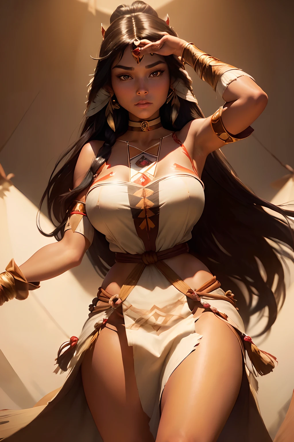((Princess pocahontas, from disney pocahontas animated movie series)) ((beautiful face)) (tanned skin) ((very long straight darkhair)) ((very huge breasts)) (perfect slim body) ((wears short one sleeve native american brown dress)) ((choker, brazalet)) ((posing sexy inside native american tipis)) (high definition, dynamic lights and shadows) ((masterpiece)) (8k) (perfect face) (best quality) (perfect hands)