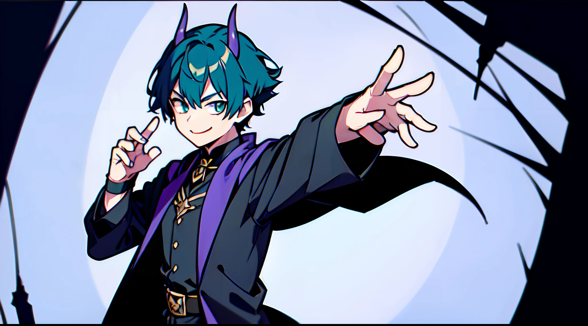 top-quality、​masterpiece、Boy with short purple hair、Green eyes、demonic horns、A smile、Harry Potter's black-robed outfit、Magic Pose、Thumbnail image、The background is solid blue.