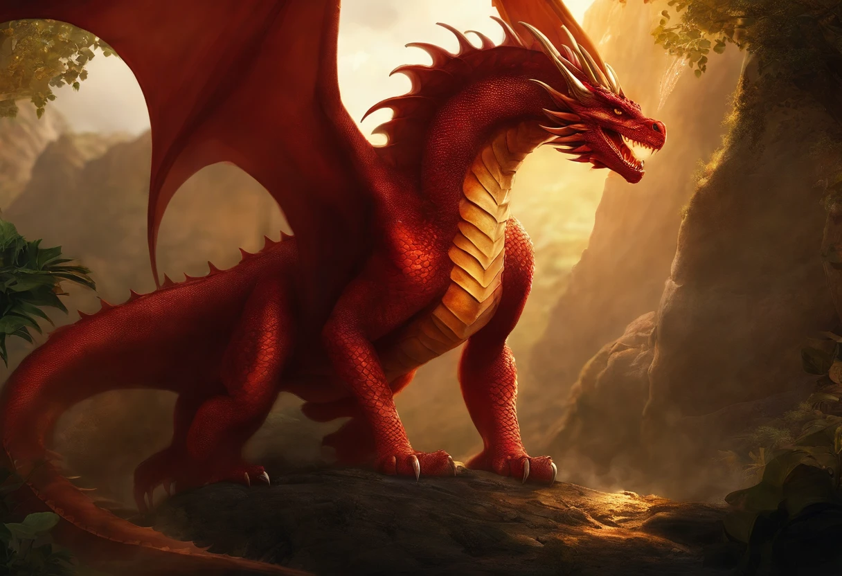 Sayd is a towering red dragon with gleaming scales and golden eyes. Su cuerpo musculoso y poderoso es capaz de volar majestuosamente en los cielos. Sus afiladas garras y colmillos son una muestra de su ferocidad y su aliento de fuego puede incinerar cualquier cosa a su paso, HD, Underground Cave, 50k, feral,