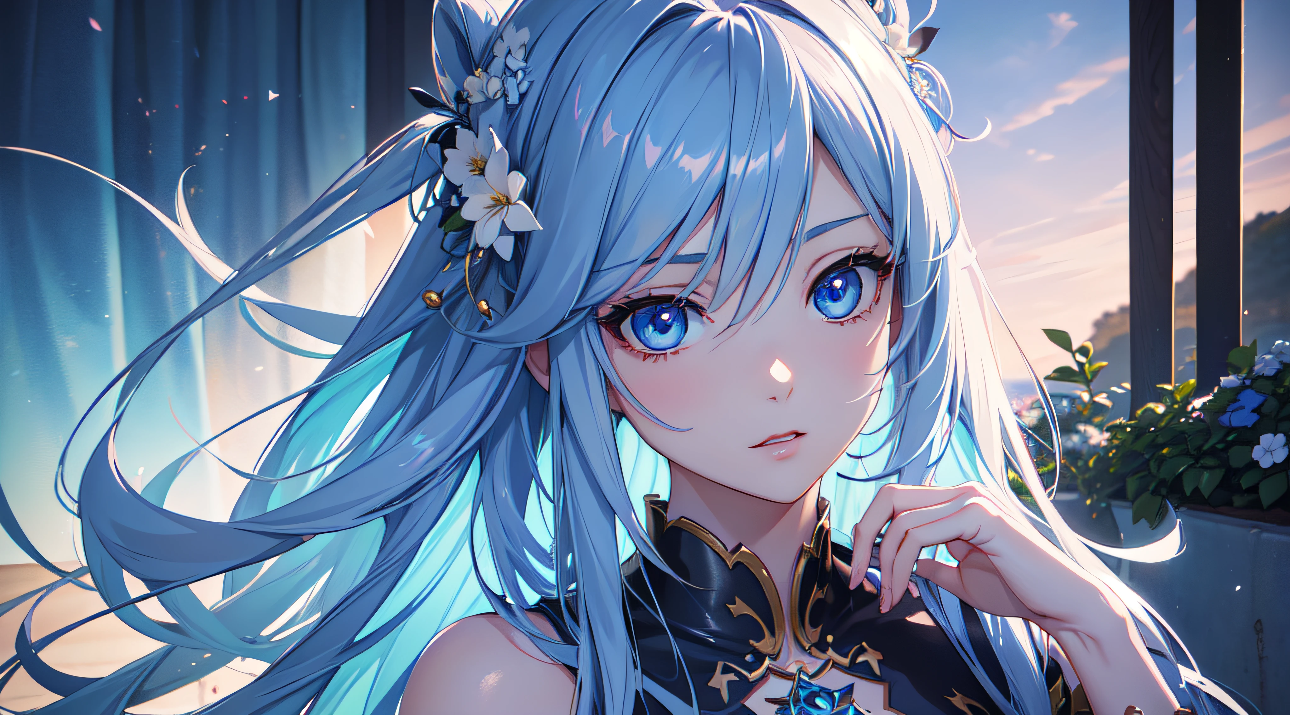 woman with blue eyes and long hair with flowers in her hair, stunning anime face portrait, photorealistic anime girl render, beautiful anime girl, detailed digital anime art, render of a cute 3d anime girl, smooth anime cg art, beautiful anime portrait, beautiful anime face, anime styled 3d, 3d anime girl, beautiful anime woman, digital anime art