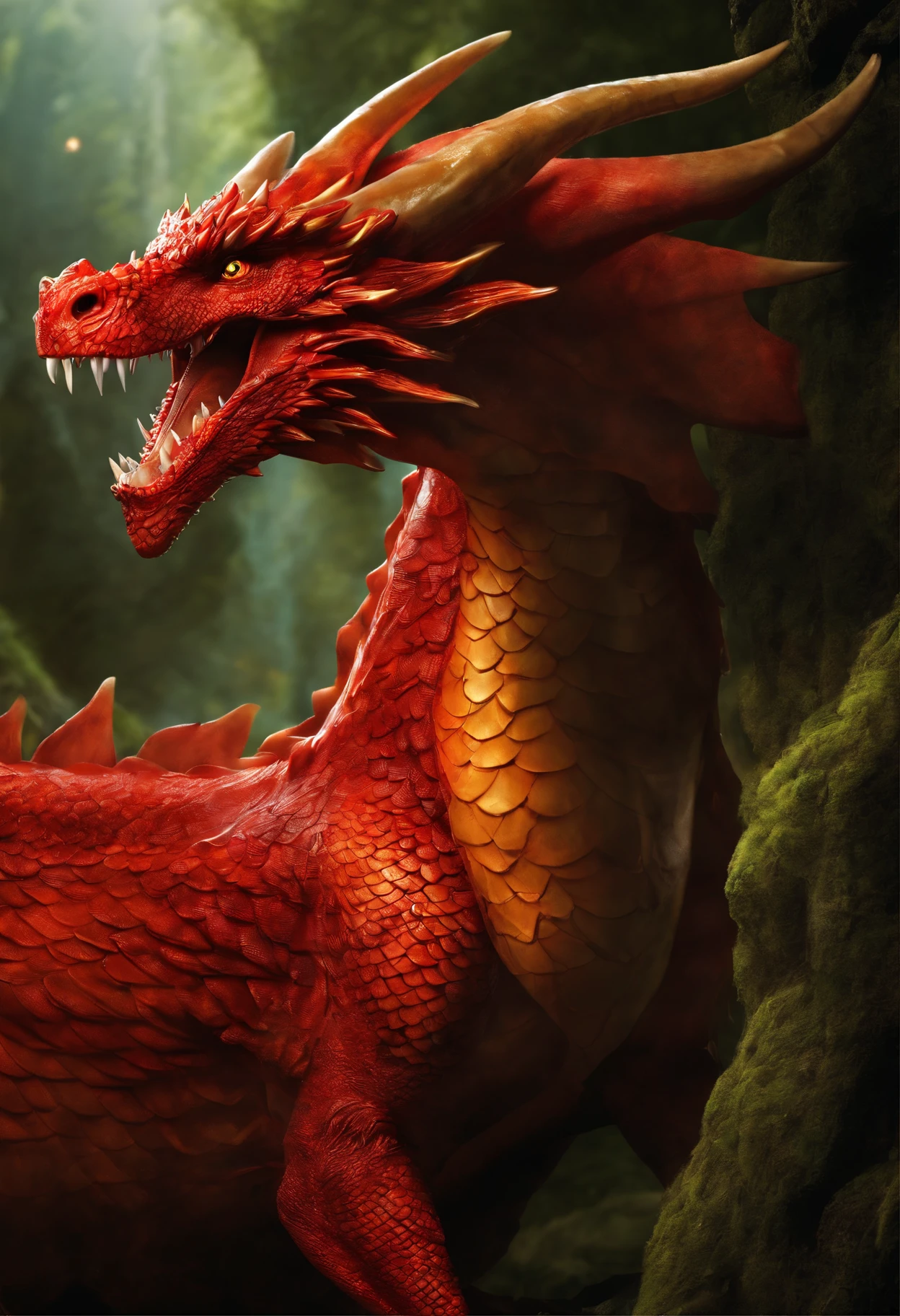 Sayd is a towering red dragon with gleaming scales and golden eyes. Su cuerpo musculoso y poderoso es capaz de volar majestuosamente en los cielos. Sus afiladas garras y colmillos son una muestra de su ferocidad y su aliento de fuego puede incinerar cualquier cosa a su paso, HD, Underground Cave, 20k.