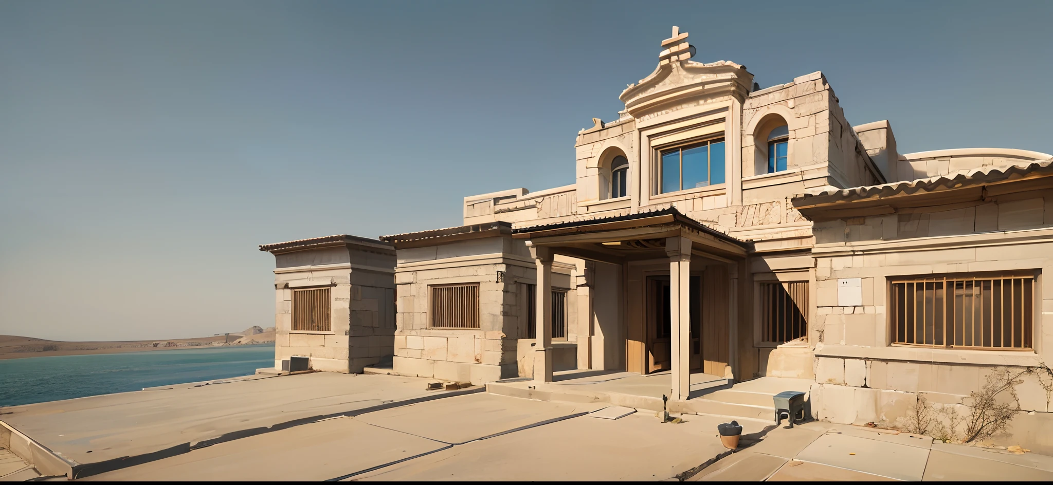 Egyptian traditional architecture, sustainable architecture, Small chalet, Fayoum in Egypt, lake in the back, skylight openings, Environmental materials in building, colored glass, daylight seen,Greek style, desert, interlock pathes --auto --s2