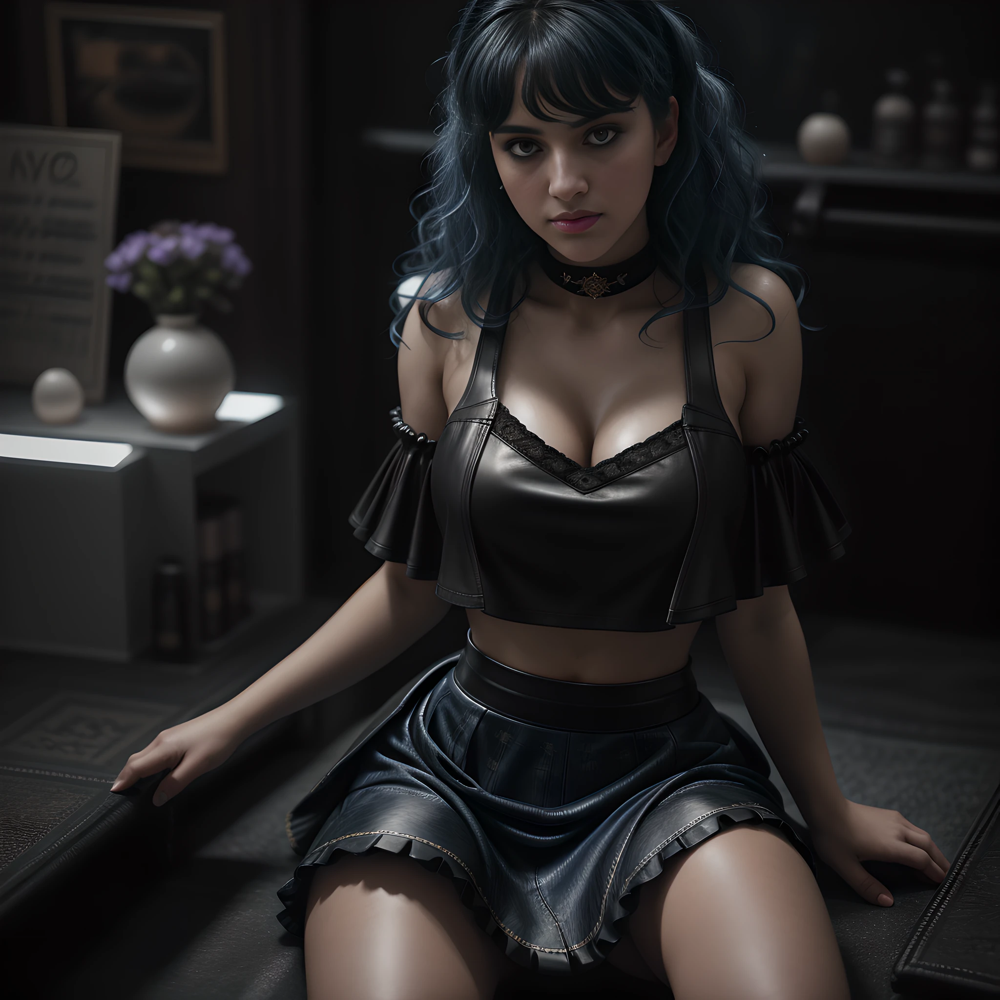 Full body of a Syrian WOMAN, blue curly hair, ((((pleaded skirt)))), big boobs, angry look, looking down at viewer, old syrian bedroom, natural skin texture, 24mm, 4k textures, bright cinematic light, RAW photo, photorealism, photorealistic, intricate, elegant, highly detailed, sharp focus, ((((((cinematic look)))), soft tones, insane details, intricate details, hyperdetailed, low contrast, soft cinematic light, bright colors, exposure mix, hdr, below view angle, full body head to toe, (((model has her hands cupping her butt))), wearing choker, thick thighs, over the knees socks, ((leather))