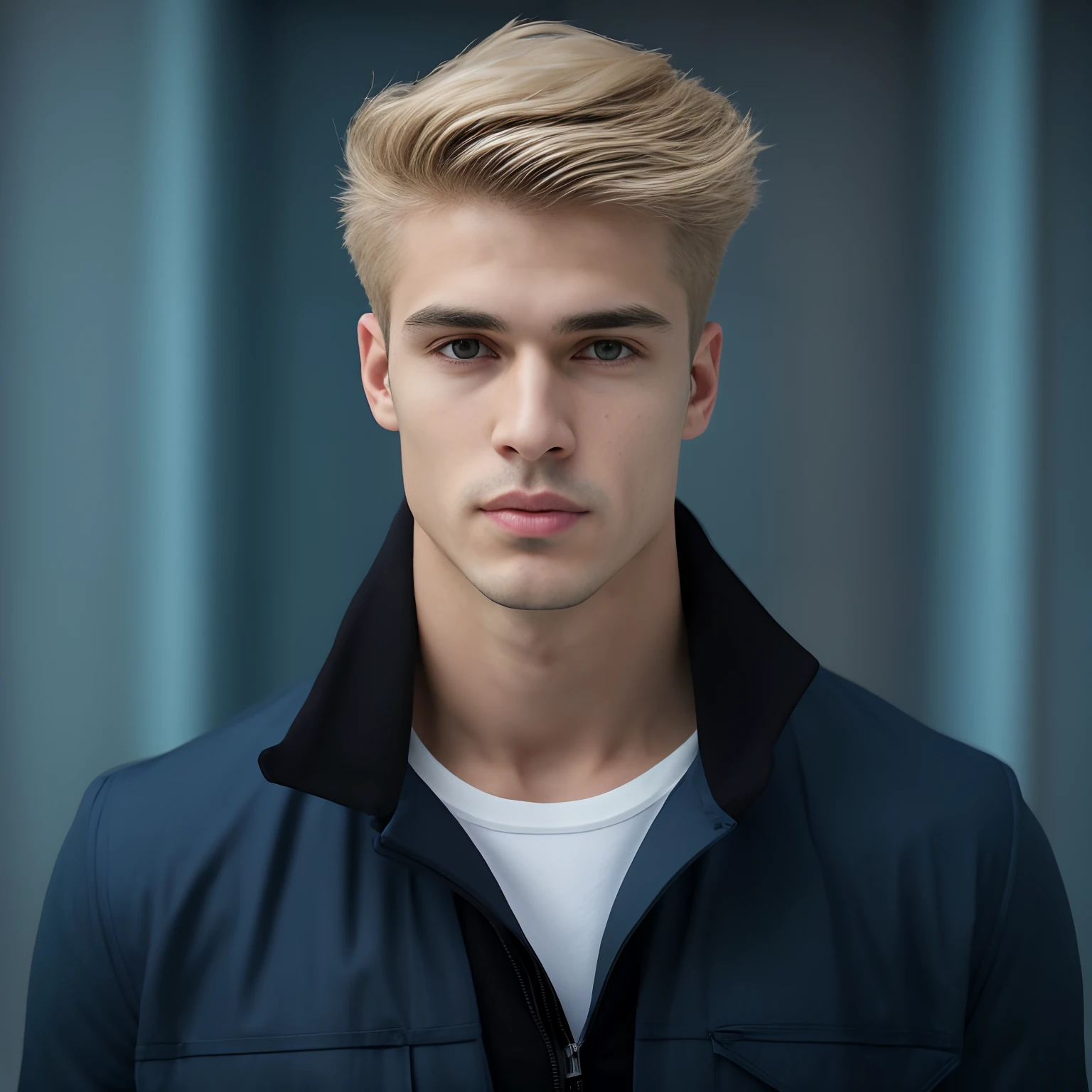 Rapaz com cabelos loiros e olhos azuis usando uma jaqueta, long swept back blond hair, Blonde and attractive features, homem jovem loiro, modelo bem cuidado, rosto bonito perfeito, bonito rosto atraente, cabelos loiros elegantes, cara loiro, cabelos loiros e olhos azuis, modelo masculino, short hair on top of his head, cabelos ondulados penteados para um lado, rosto jovem atraente, macho bonito, rapaz com barba, barba curta, rosto detalhado, modelo musculoso, square jawline, Jörg Nink 8k