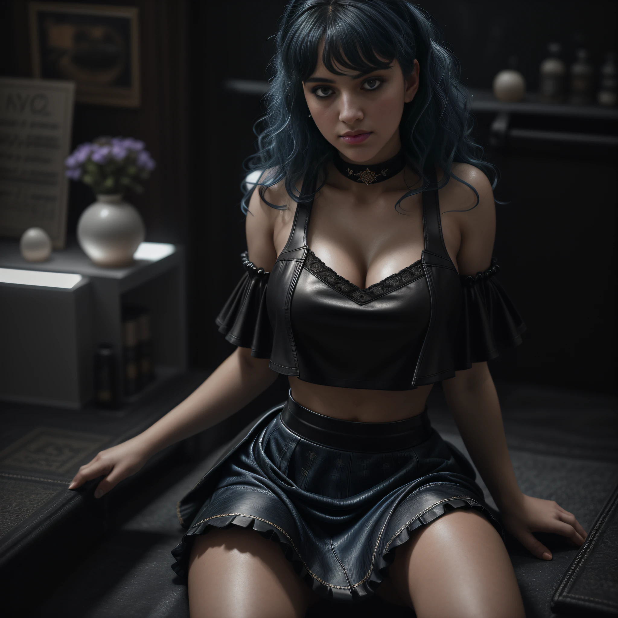 Full body of a Syrian WOMAN, blue curly  hair,  ((((pleaded skirt)))), big boobs, angry look, looking down at viewer, old syrian  bedroom, natural skin texture, 24mm, 4k textures, bright cinematic light, RAW photo, photorealism, photorealistic, intricate, elegant, highly detailed, sharp focus, ((((((cinematic look)))), soft tones, insane details, intricate details, hyperdetailed, low contrast, soft cinematic light, bright colors, exposure mix,  hdr, below view angle, full body head to toe, (((model has her hands cupping her butt))), wearing choker, thick thighs, over the knees socks, ((leather))