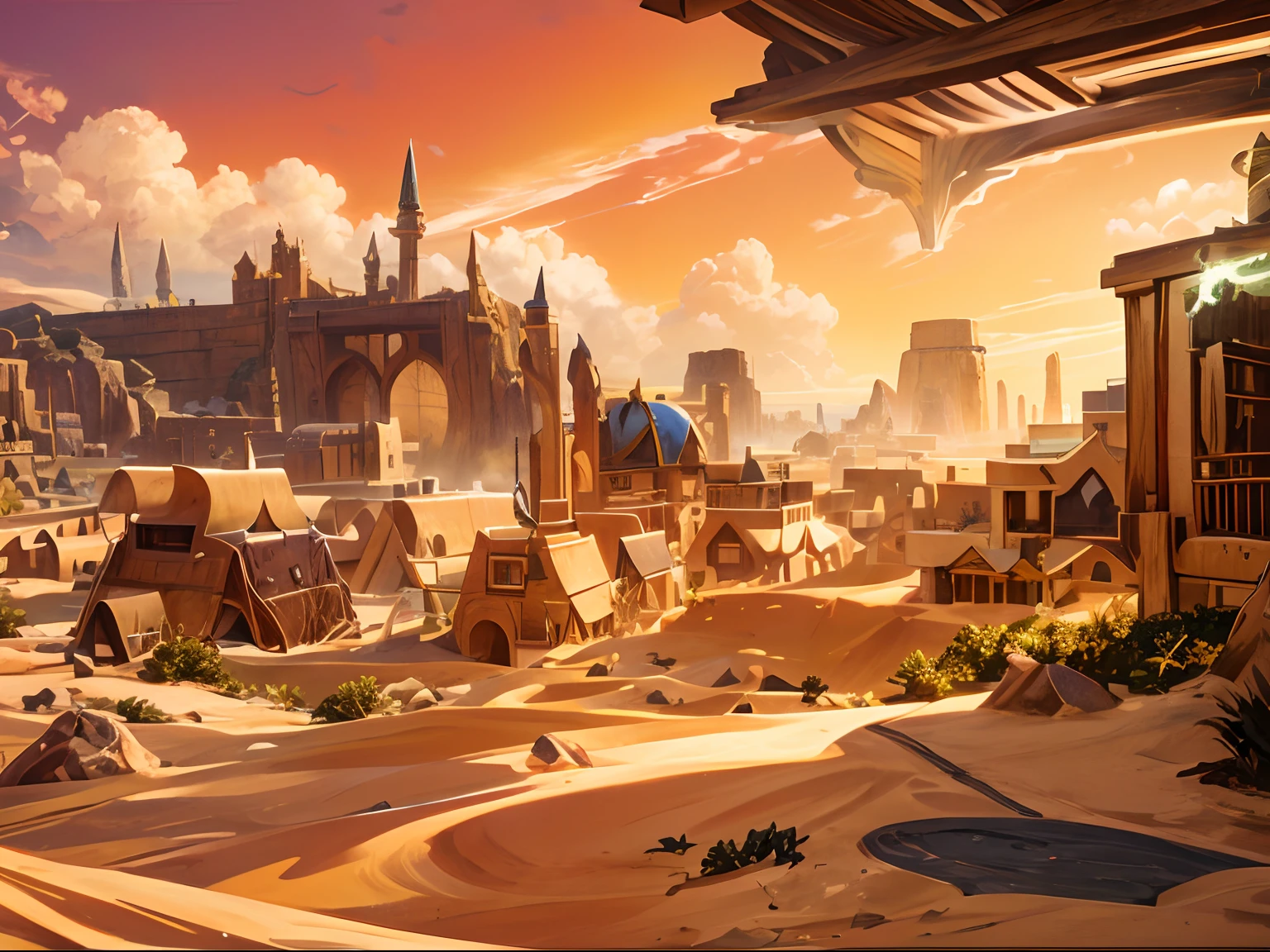 An unreal, peaceful town of earth crystals emerges in the heart of the desert. The town is adorned with hobbit architecture, characterized by whimsical curves and intricate details. The earth crystals glisten in the sunlight, casting a mesmerizing yellow hue over the surroundings. At the center of the town, a colossal fang, a symbol of ancient power, rises proudly, standing as a reminder of the town's rich history.
The sky above is a canvas of bright sunlight, illuminating the vibrant desert landscape. However, nature's fury occasionally unleashes a sandstorm, engulfing the town in a mesmerizing dance of swirling sand and golden light. The interplay between the peaceful serenity and the untamed forces of nature creates a surreal atmosphere, offering a sense of wonder and adventure to all who visit.
(best quality, 4k, 8k, highres, masterpiece:1.2), ultra-detailed, (realistic, photorealistic, photo-realistic:1.37), HDR, UHD, studio lighting, ultra-fine painting, sharp focus, physically-based rendering, extreme detail description, professional, vivid colors, bokeh, portraits, landscape, fantasy, desert, supernatural, dreamlike.