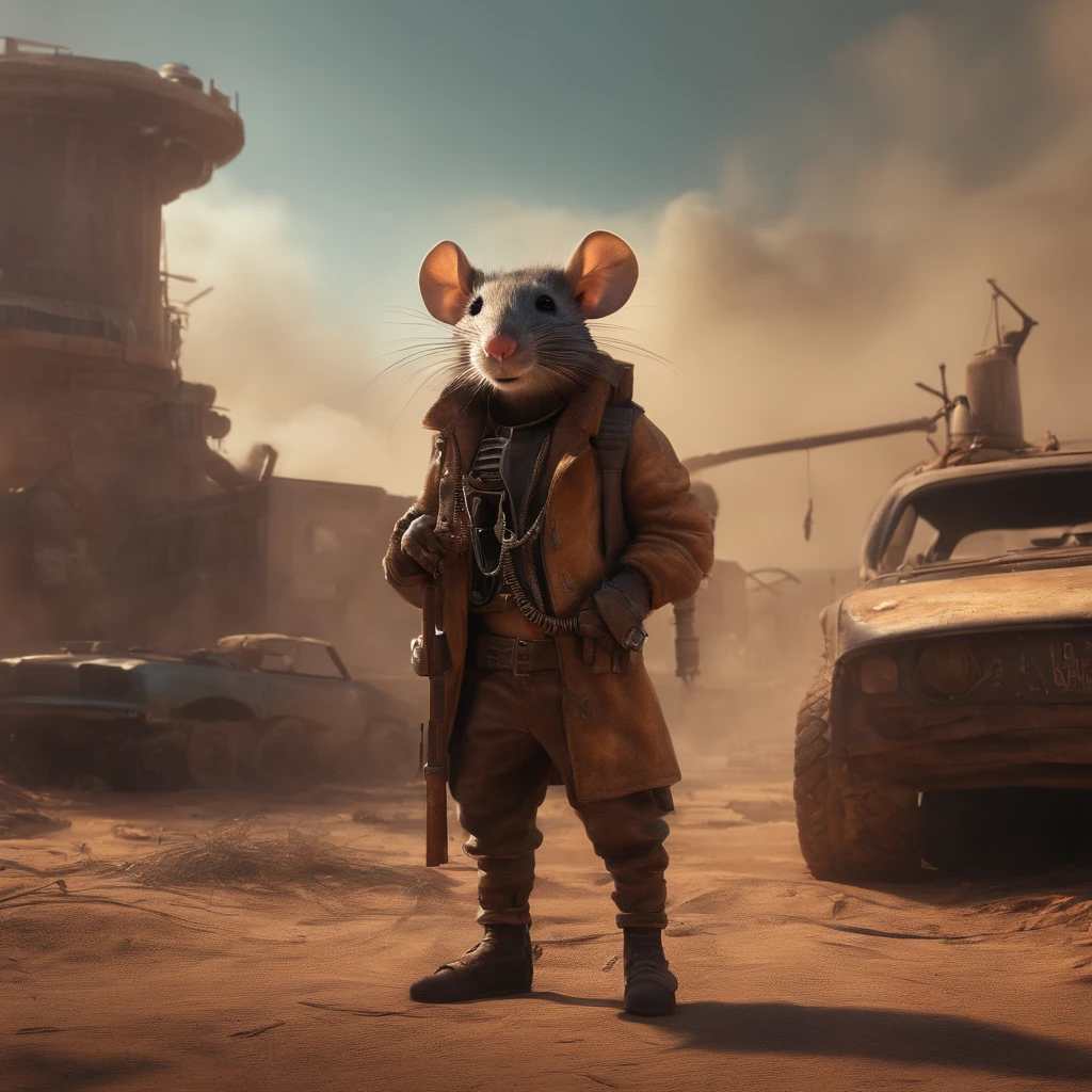 "((post-apocalyptic world, atmosfera arenosa, dystopian landscape)) Madmax" A rat wearing hip hop outfit next to smoking cigar in 3D style animation