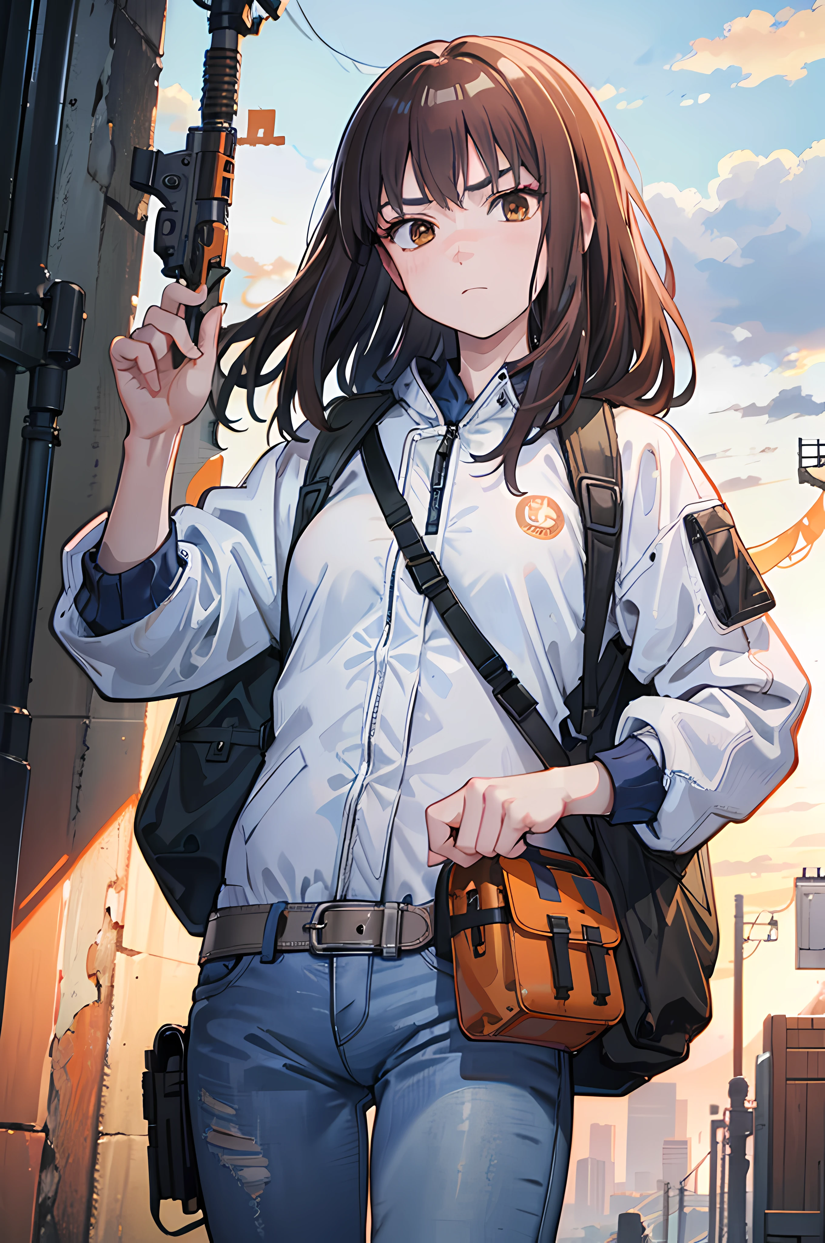 (8K Ultra High-Quality) (Masterpieces) (Very NSFW Image) 1 Girl, long hair, orange eyes color, wearing Tactical Jacket with a bunch of pouches, wearing Blue Jean with Pistol Holster, carrying bag, holding M14 Battle Rifle, looking at viewer sad face.