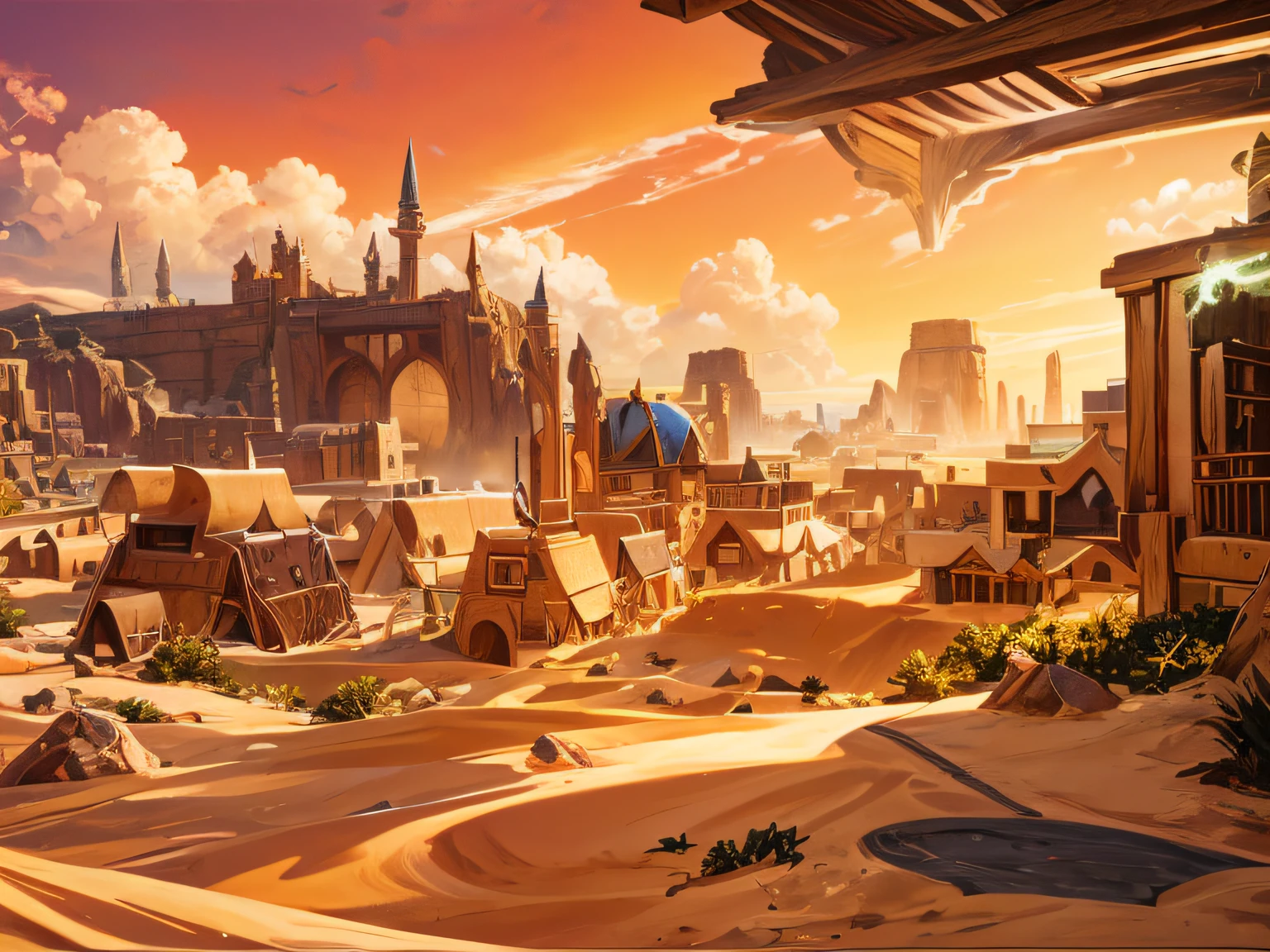 An unreal, peaceful town of earth crystals emerges in the heart of the desert. The town is adorned with hobbit architecture, characterized by whimsical curves and intricate details. The earth crystals glisten in the sunlight, casting a mesmerizing yellow hue over the surroundings. At the center of the town, a colossal fang, a symbol of ancient power, rises proudly, standing as a reminder of the town's rich history.
The sky above is a canvas of bright sunlight, illuminating the vibrant desert landscape. However, nature's fury occasionally unleashes a sandstorm, engulfing the town in a mesmerizing dance of swirling sand and golden light. The interplay between the peaceful serenity and the untamed forces of nature creates a surreal atmosphere, offering a sense of wonder and adventure to all who visit.
(best quality, 4k, 8k, highres, masterpiece:1.2), ultra-detailed, (realistic, photorealistic, photo-realistic:1.37), HDR, UHD, studio lighting, ultra-fine painting, sharp focus, physically-based rendering, extreme detail description, professional, vivid colors, bokeh, portraits, landscape, fantasy, desert, supernatural, dreamlike.