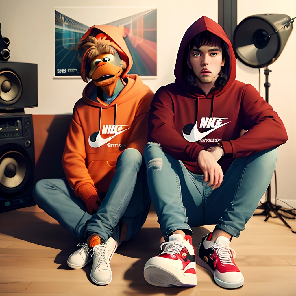 Bert and Ernie wearing a red hoodie with the word "GoYard" designer jeans and Nike shoes smoking a blunt sitting in a room with a recording studio