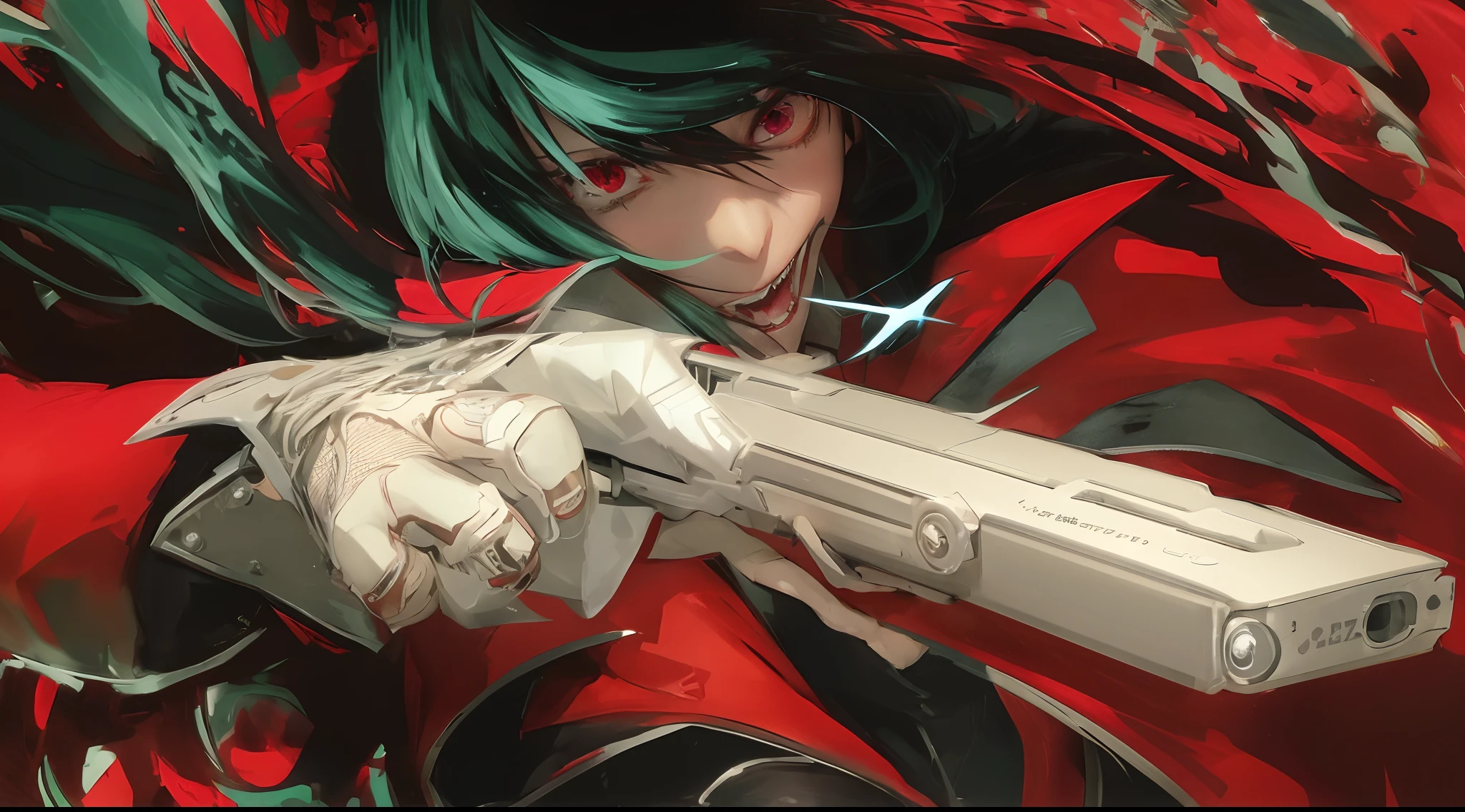 Anime character with a gun in her hand and a red cape, Alucard, badass anime 8 k, 4 k manga wallpaper, arte chave detalhada do anime, estilo anime 4K, Obra-prima do anime, Arte HD, digital advanced anime art ", Tiroteio, Anime Wallaper, Anime Art Wallpaper 8K, O vampiro, Arte Zerochan, Epic anime style, paper awesome wallpaper