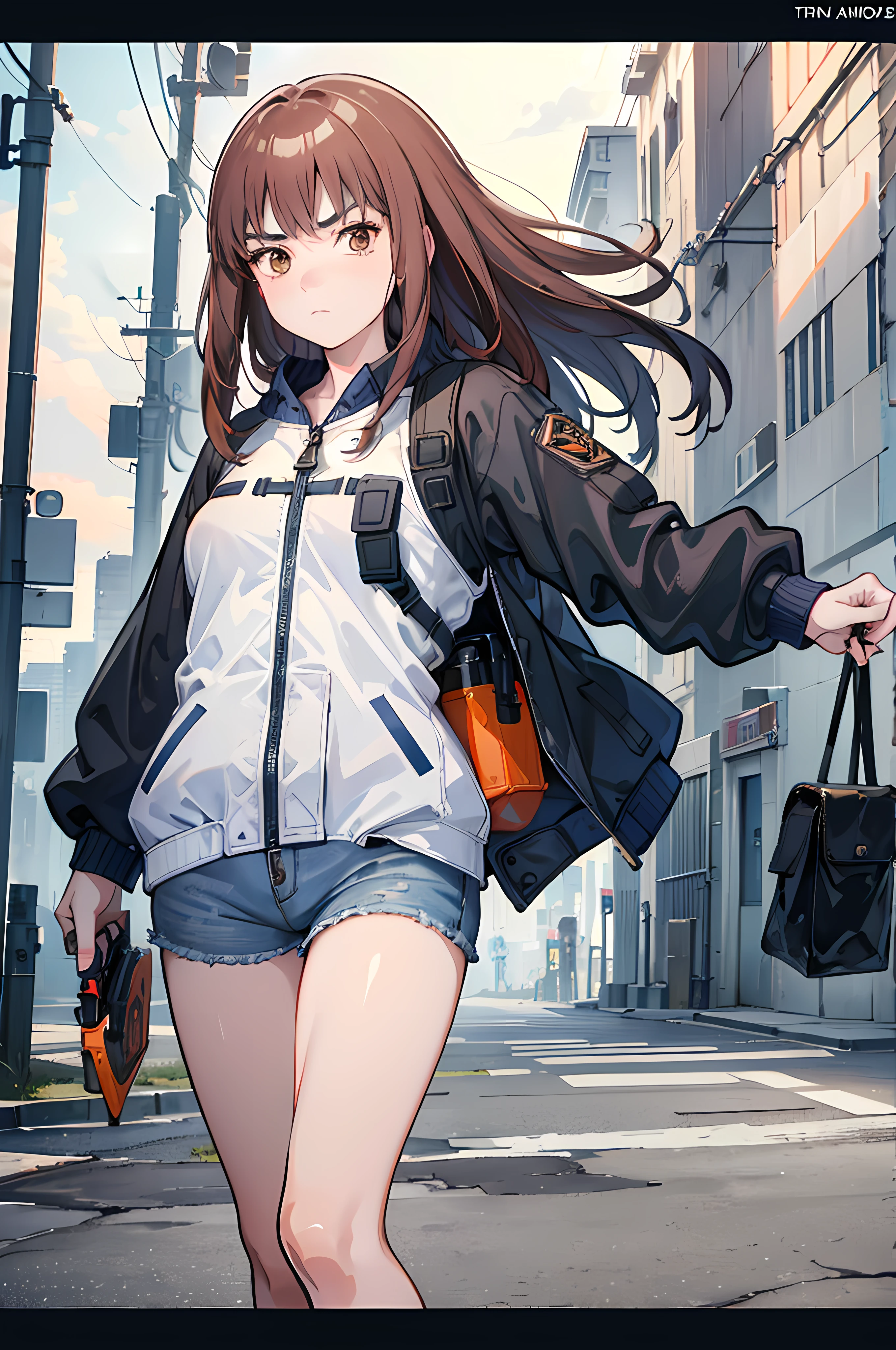 (8K Ultra High-Quality) (Masterpieces) (Very NSFW Image) 1 Girl, long hair, orange eyes color, wearing Tactical Jacket with a bunch of pouches, wearing Blue Jean with Pistol Holster, carrying bag, holding M14 Battle Rifle, looking at viewer sad face.