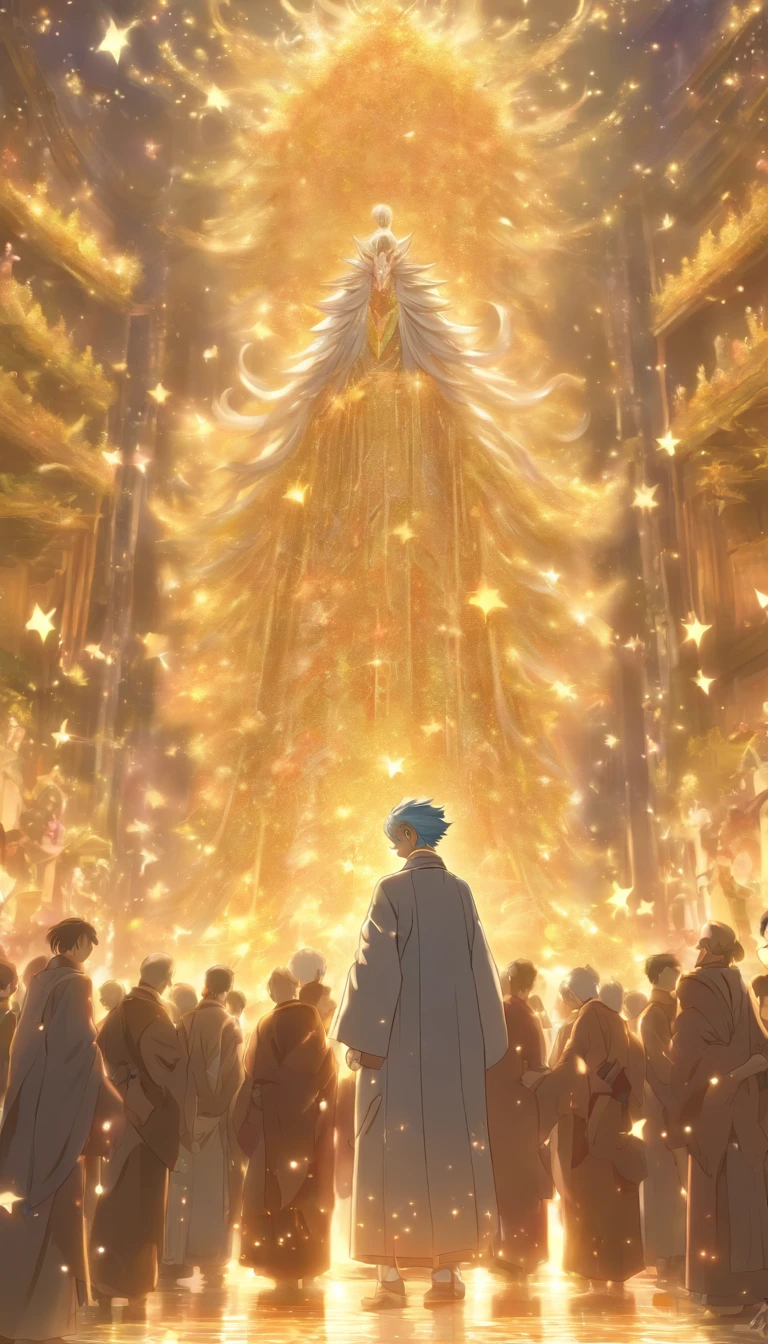 /imagine prompt: An elderly elder standing in front of the crowd, holding a table with five million contribution points written on it, surrounded by surprised and murmuring elders, with a majestic palace in the background showcasing the importance of cultivation, ,32k, best quality, masterpiece, super detail, high details, by Makoto Shinkai ,in the style of the stars art group xing xing, --niji 5"