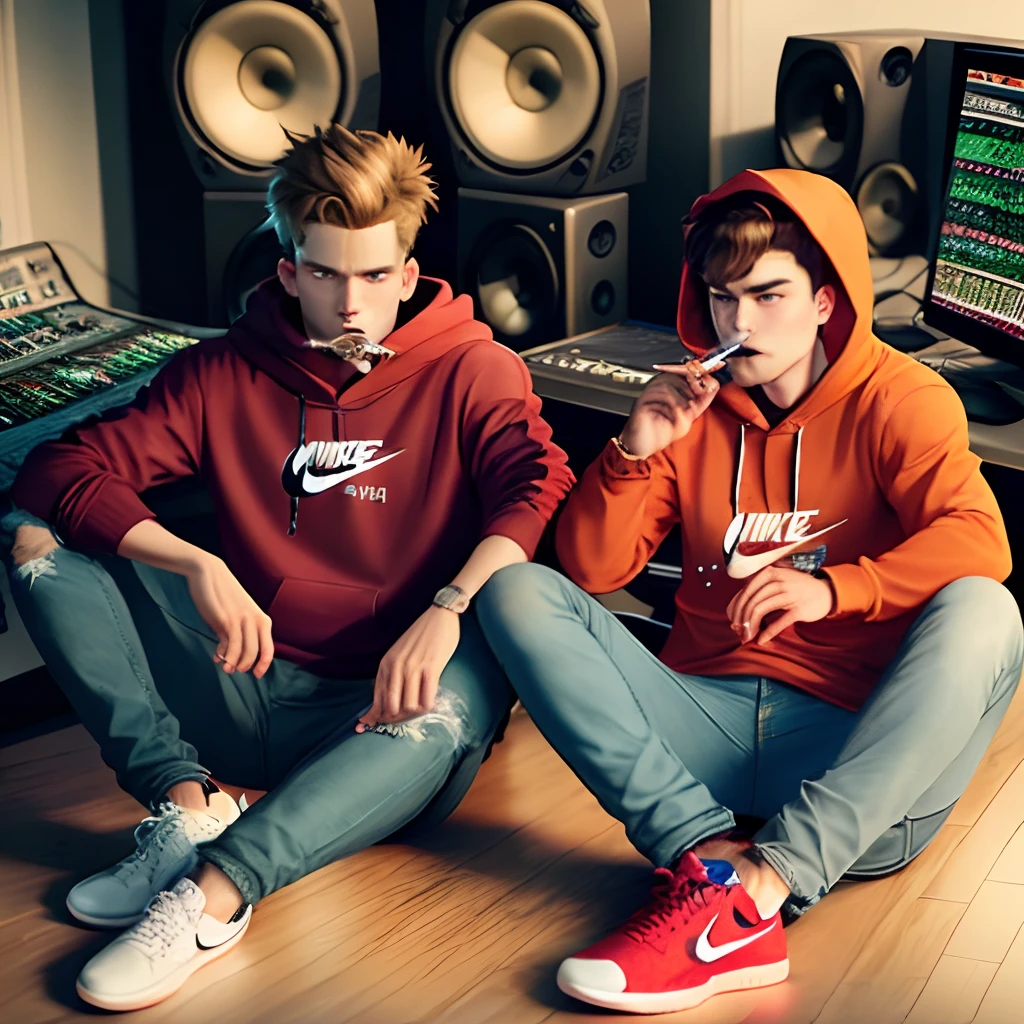 Bert and Ernie wearing a red hoodie with the word "GoYard" designer jeans and Nike shoes smoking a blunt sitting in a room with a recording studio