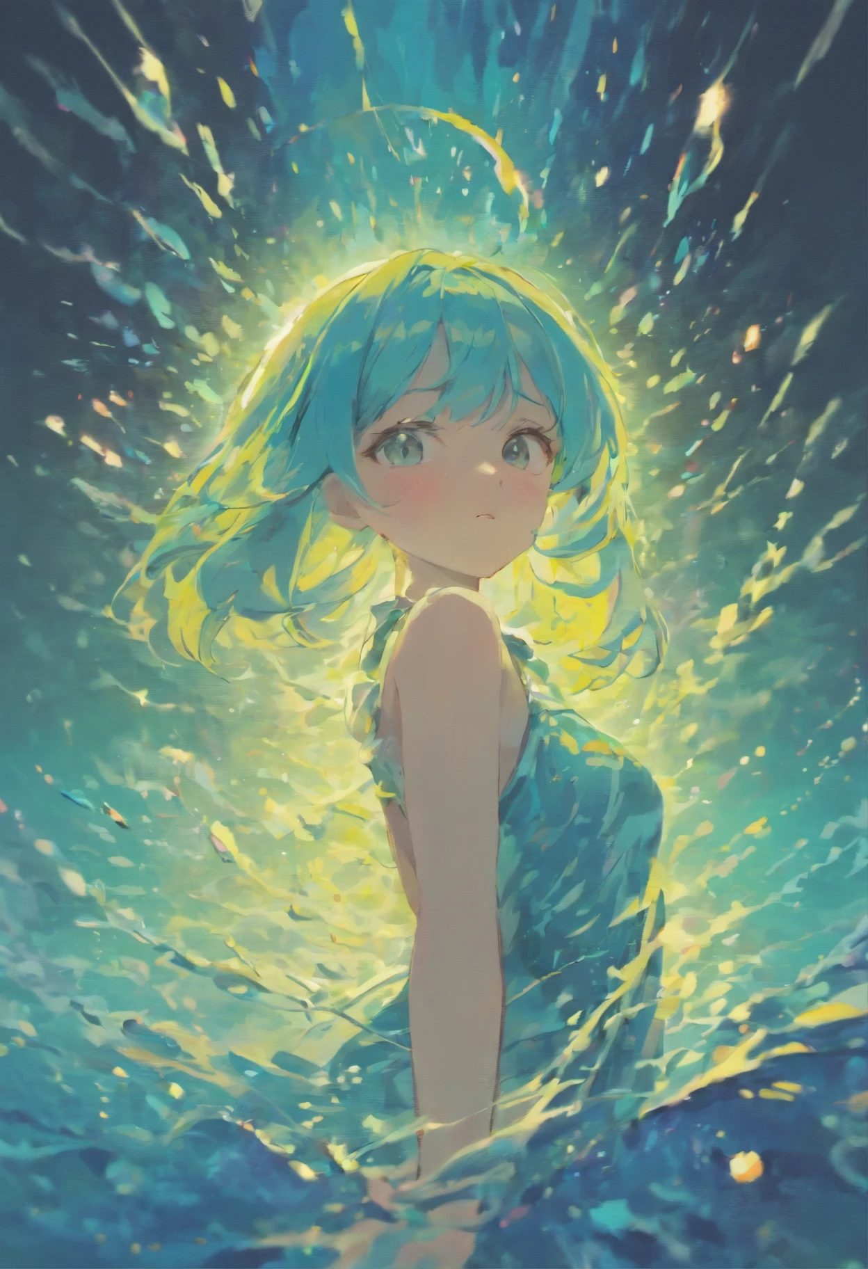water has a light rainbow glimmer, in the style of glitch aesthetic, marbleized, iridescence/opalescence, unicorncore, lo-fi aesthetics, loose and fluid forms