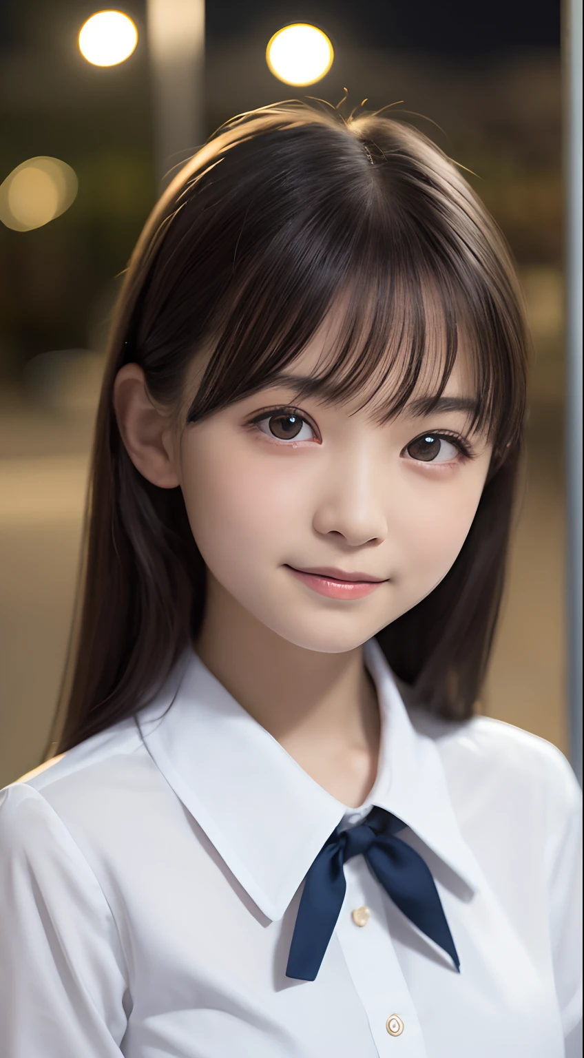 masutepiece, Best Quality, 8K, 8ars olTeen, Raw photo, absurderes, award winning portrait, Smile, Solo, (Night:1.8), Idol face, Delicate girl, Upper body, Digital SLR, Looking at Viewer, Candid, Sophisticated,Thin arms, Professional Lighting, Film grain, chromatic abberation, (Eyes and faces with detailed:1.0), (Bokeh:1.1) , (Office Lady Uniform:1.1) , closes mouth , A dark-haired , drooing eyes , large full breasts , Thicker lips , 10 ye