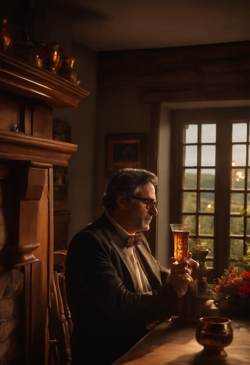 (best quality,4k,Full HD,alto:1.2), ultra-detalhado, (Realistic,fotorrealista,photo-realistic:1.37), A rich man of about 45 years old with black hair and glasses, bonito, parecendo triste, vazio, In his cottage in front of the chimney drinking a glass of Wiskey, pensativo, Her house is made of wood with luxurious elements, Nineteenth-century epoch.